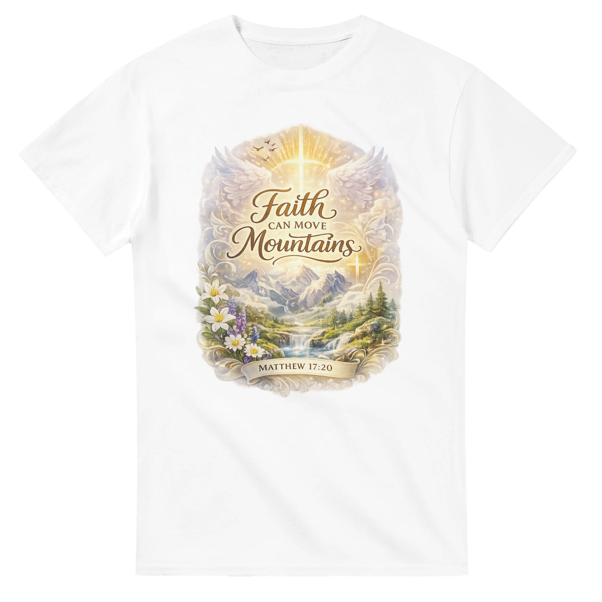 White t-shirt with a scenic design and 'Faith can move mountains' text on a white background