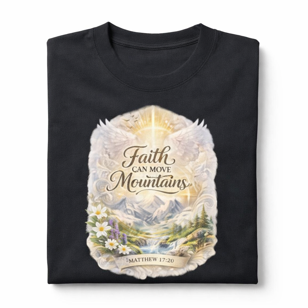 Black t-shirt with a mountain landscape and 'Faith can move mountains' text on a white background