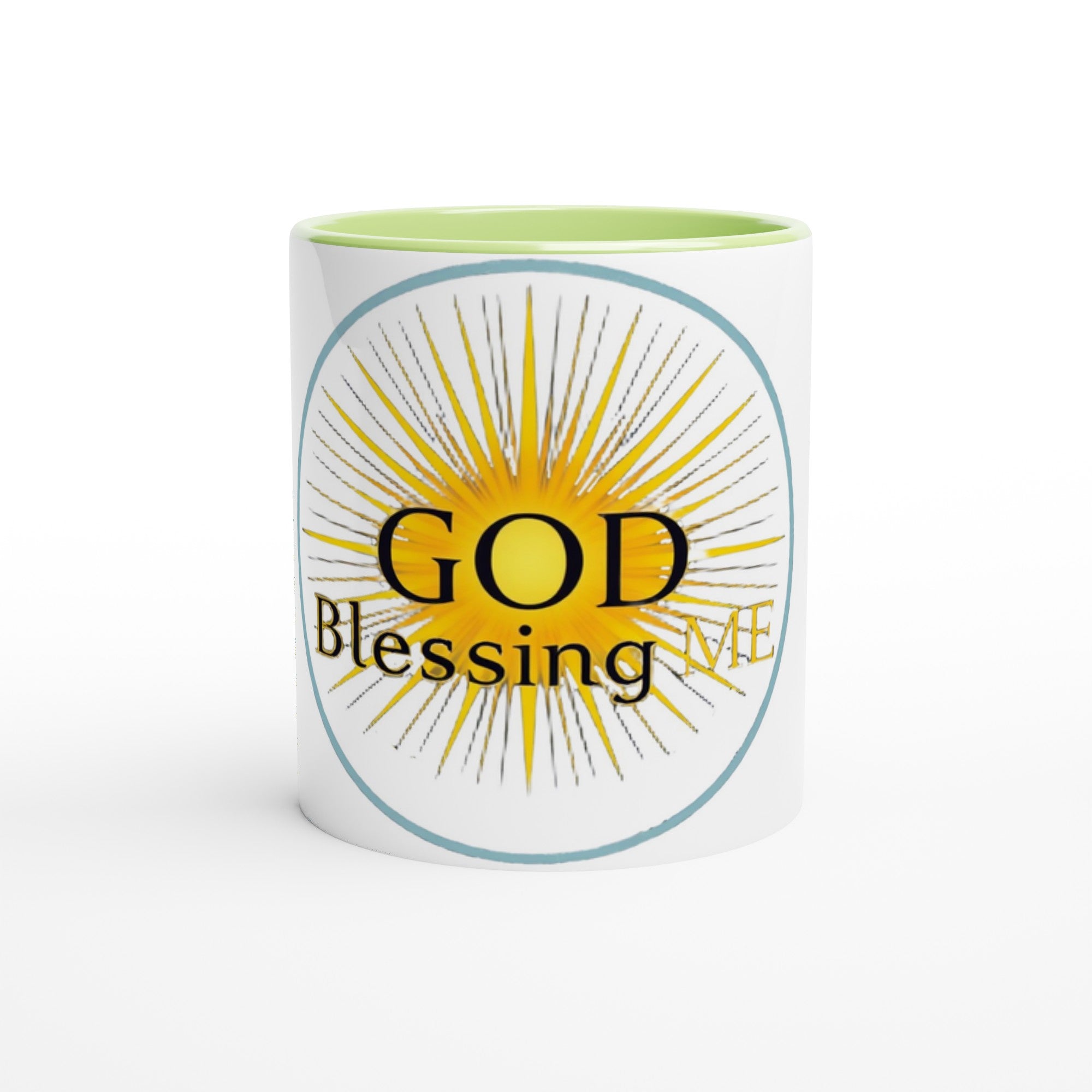 Mug with 'GOD Blessing ME' text and sunburst design on a white background