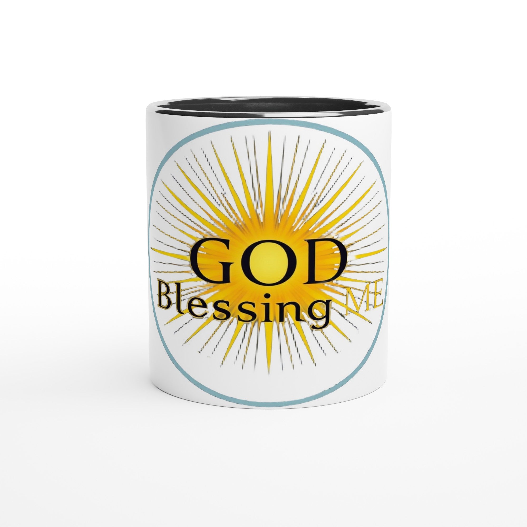 White mug with yellow sun design and 'GOD Blessing' text on a white background