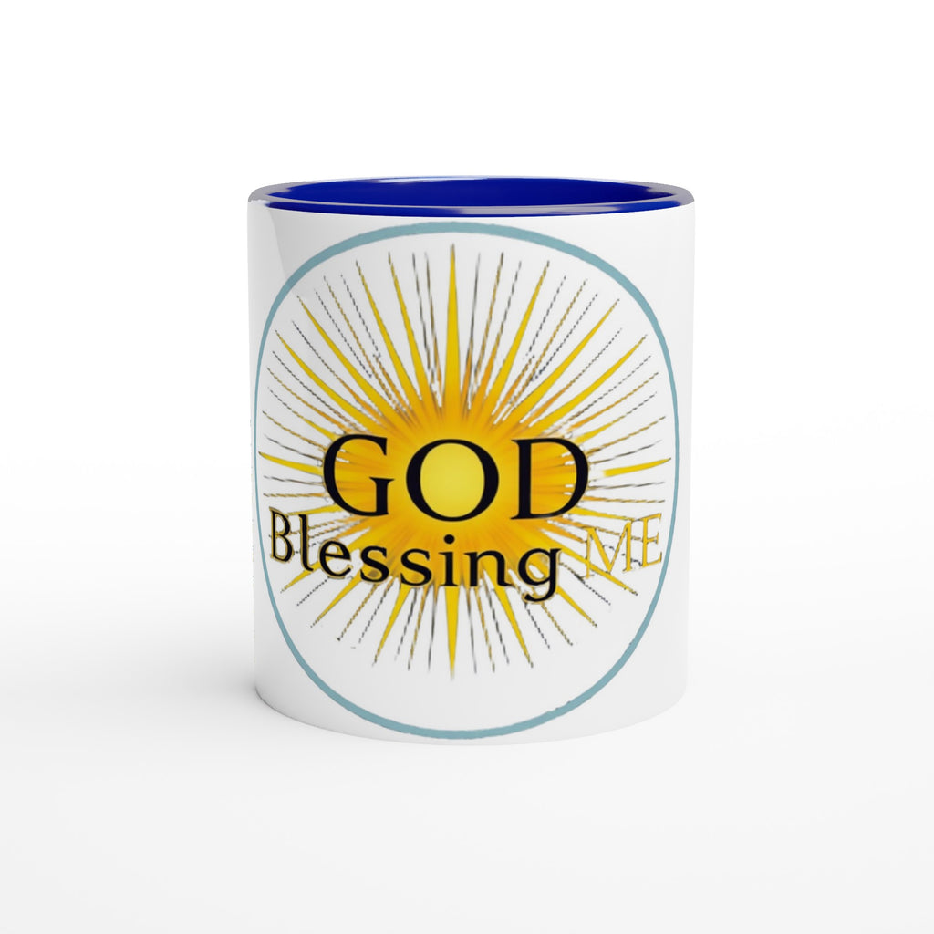 Mug with 'GOD Blessing ME' text and sunburst design on a white background