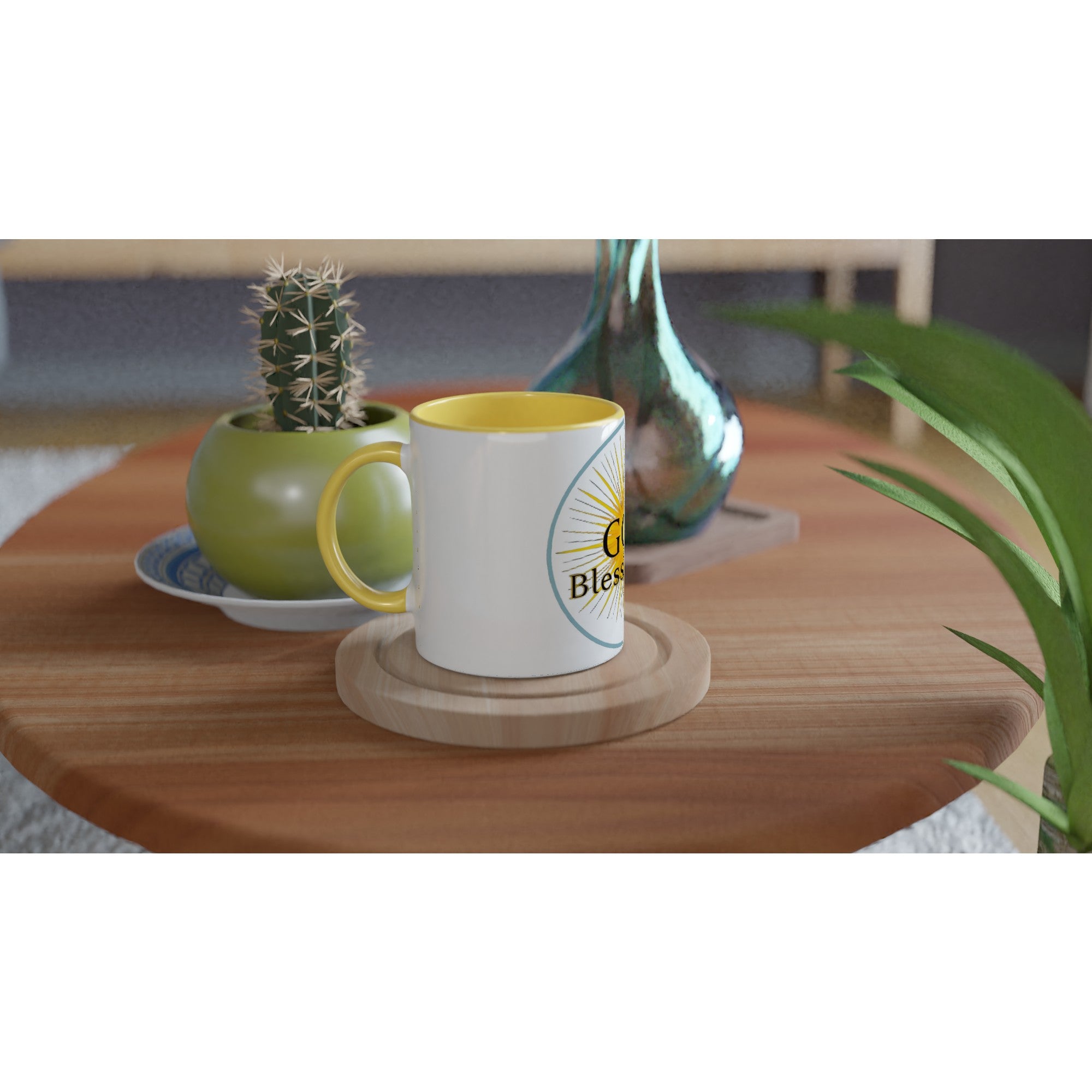 White mug with yellow interior on a wooden table with decorative items