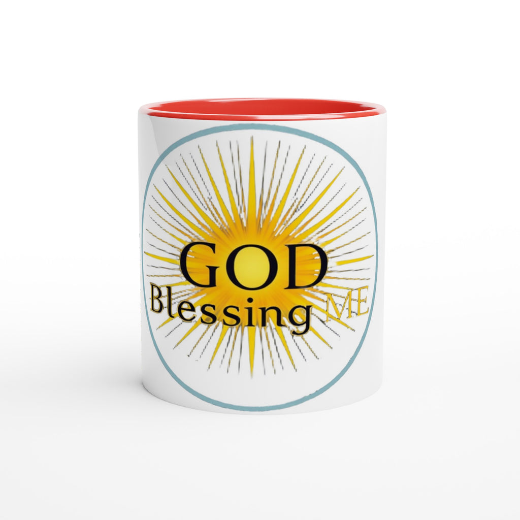 Mug with 'GOD Blessing ME' text and sunburst design on a white background