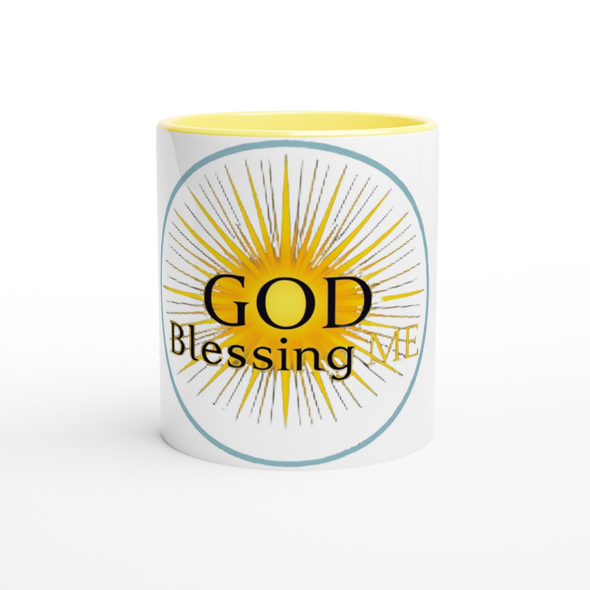 White mug with yellow interior, sunburst design, and 'GOD Blessing ME' text on a white background