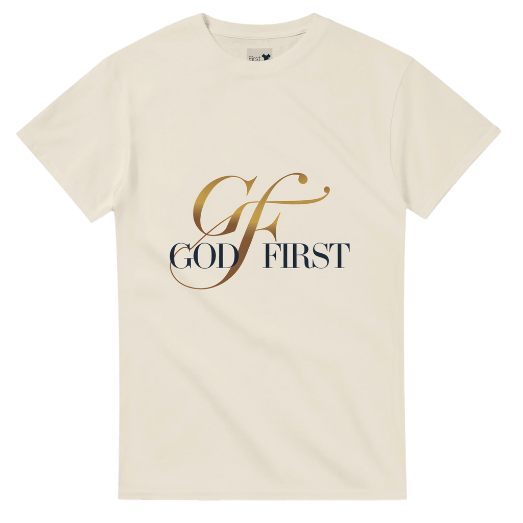 Beige t-shirt with 'GOD FIRST' text design on a white background