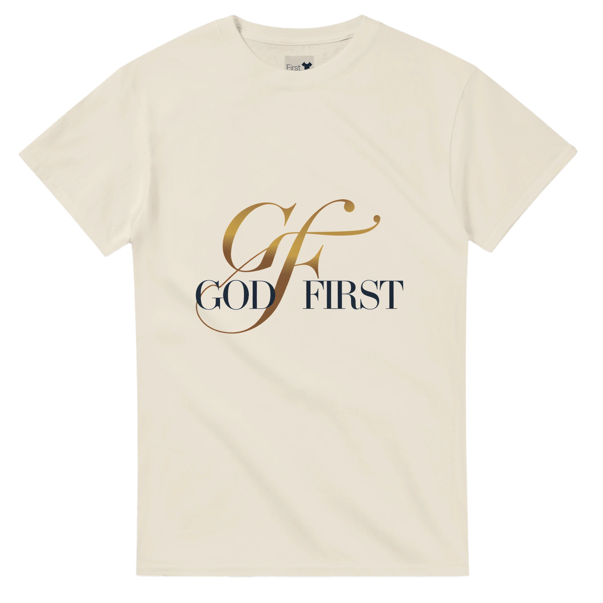 Beige t-shirt with 'GOD FIRST' text design on a white background