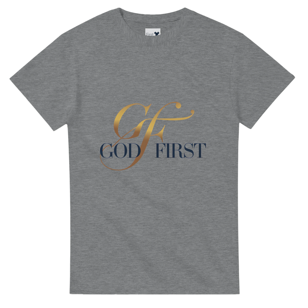 Gray t-shirt with 'God First' text in gold and blue on a white background