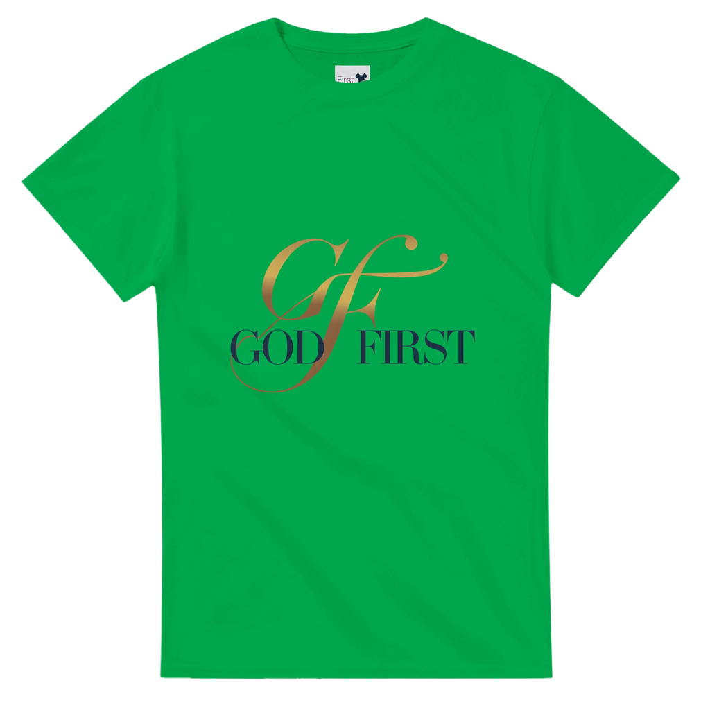 Green t-shirt with 'GF God First' text on a white background