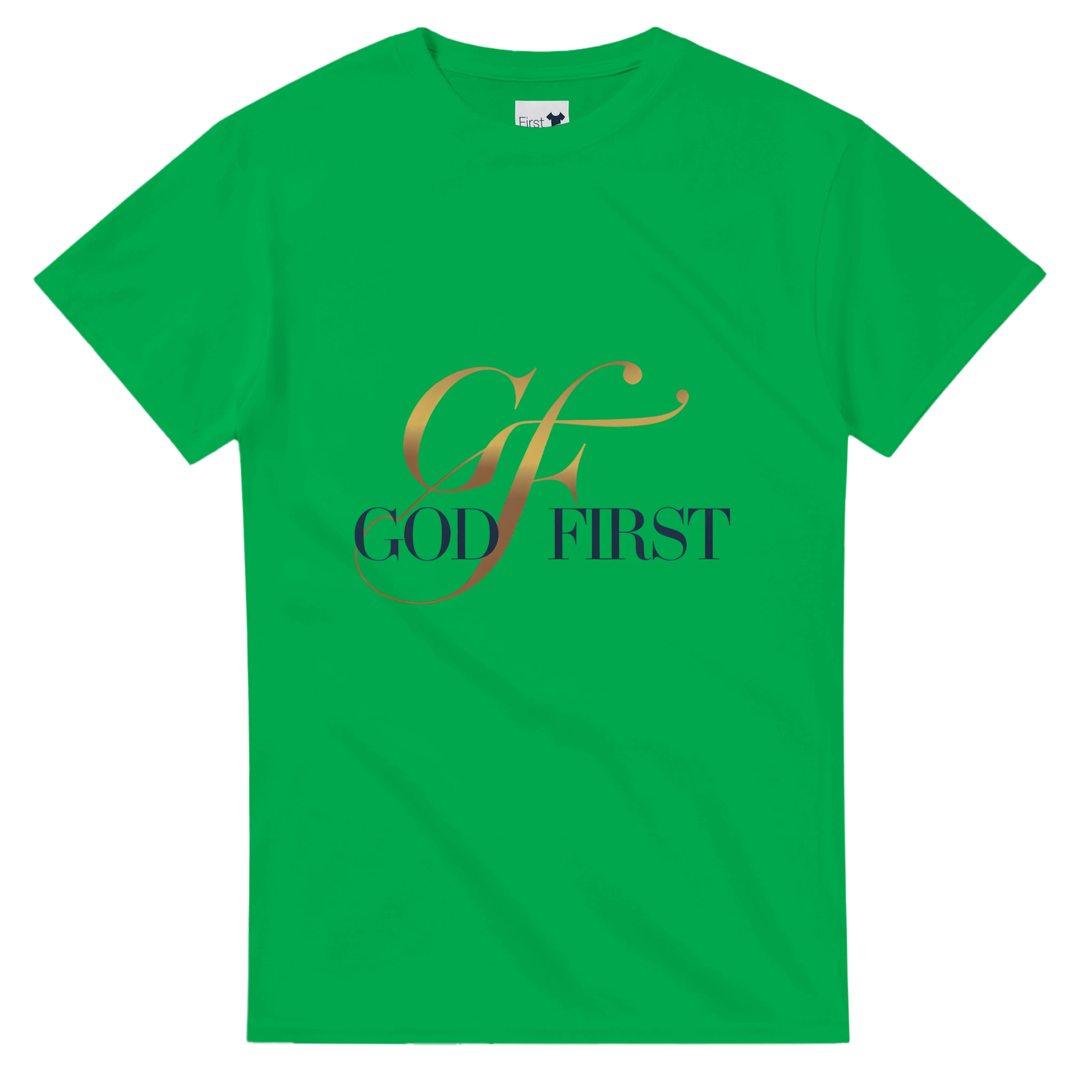 Green t-shirt with 'GF God First' text on a white background