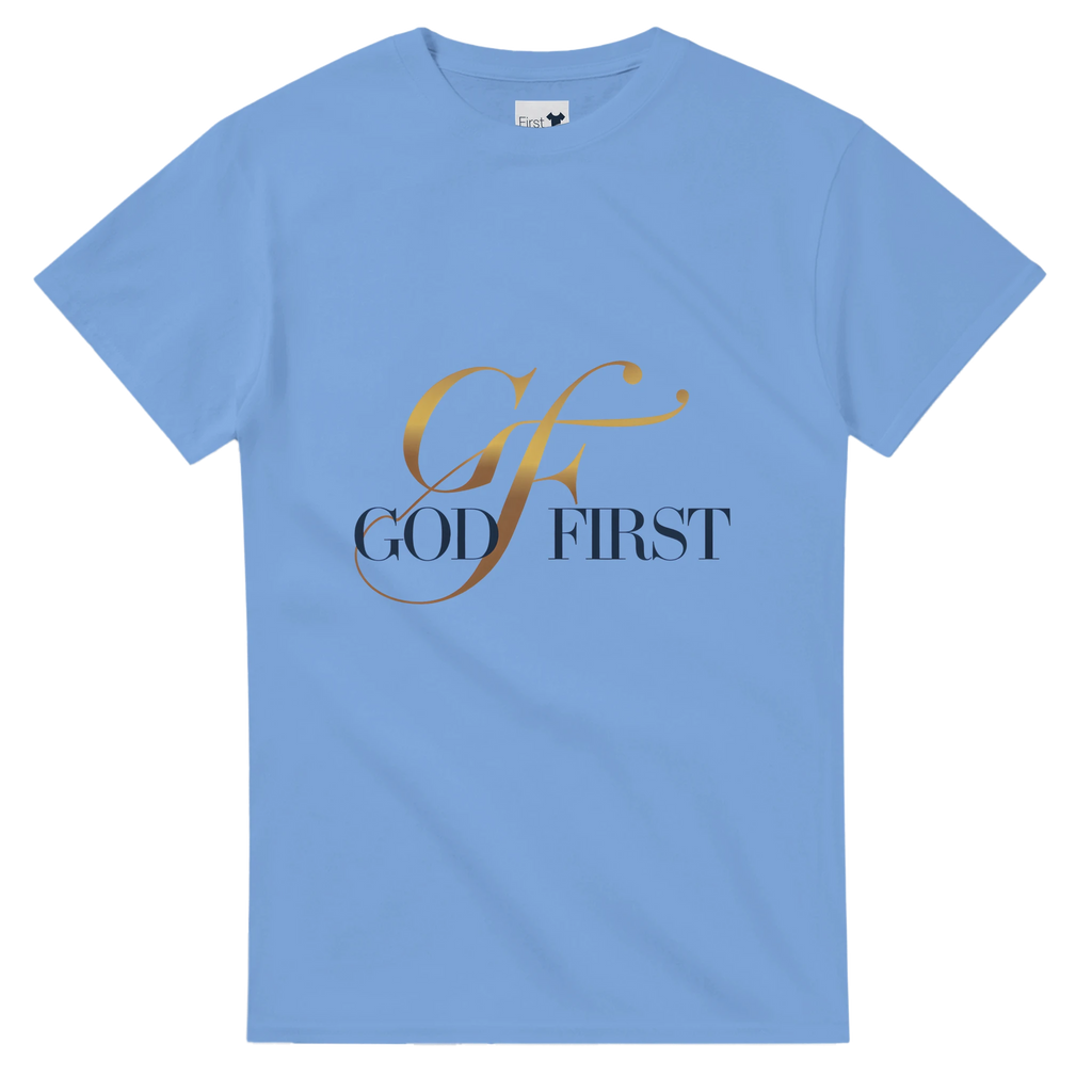 Light blue t-shirt with 'GOD FIRST' text on a white background