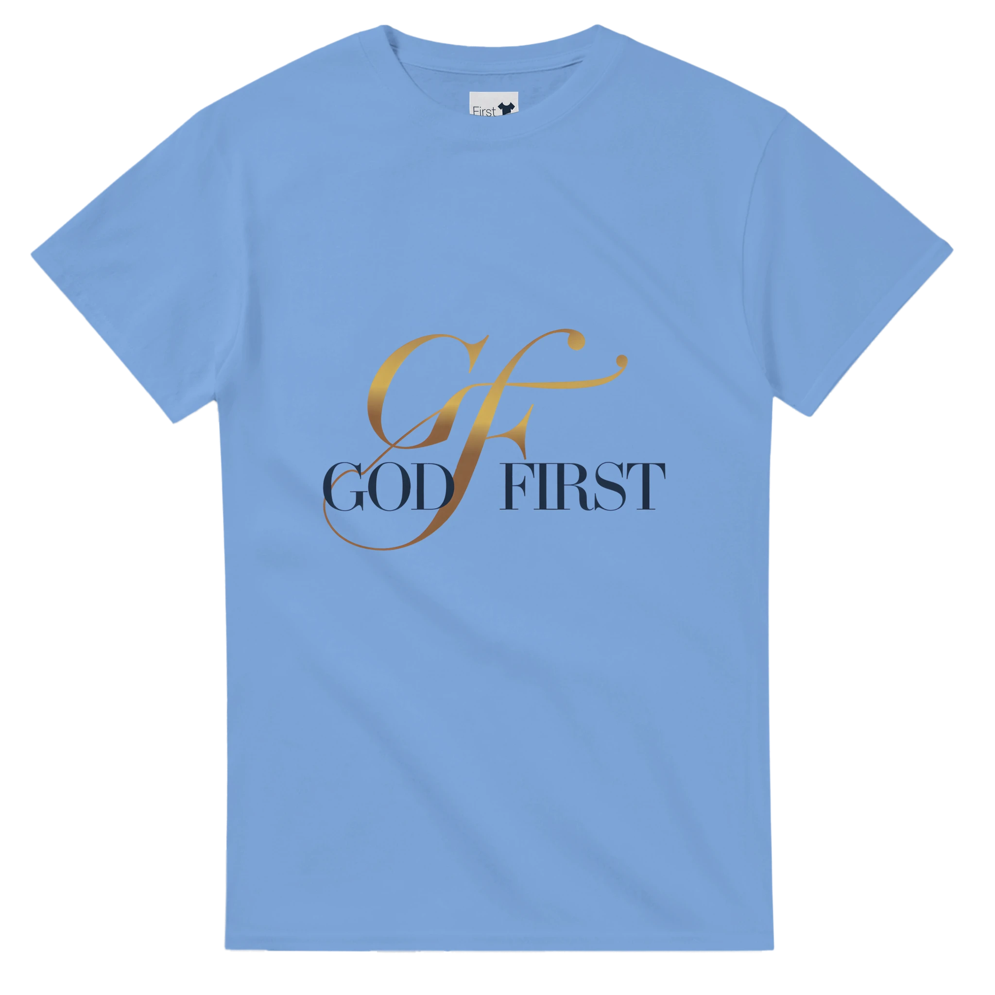 Light blue t-shirt with 'GOD FIRST' text on a white background