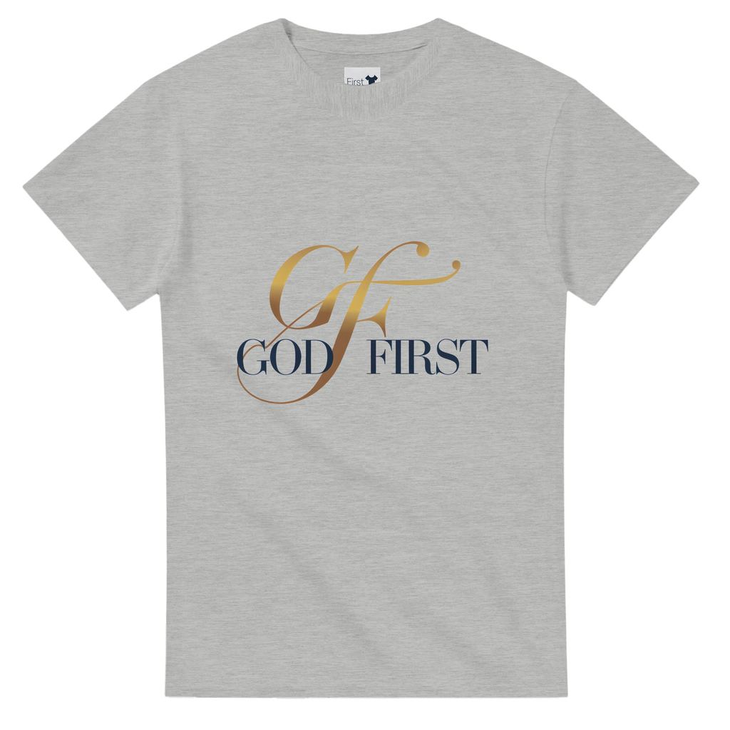 Gray t-shirt with 'G F God First' text on a white background