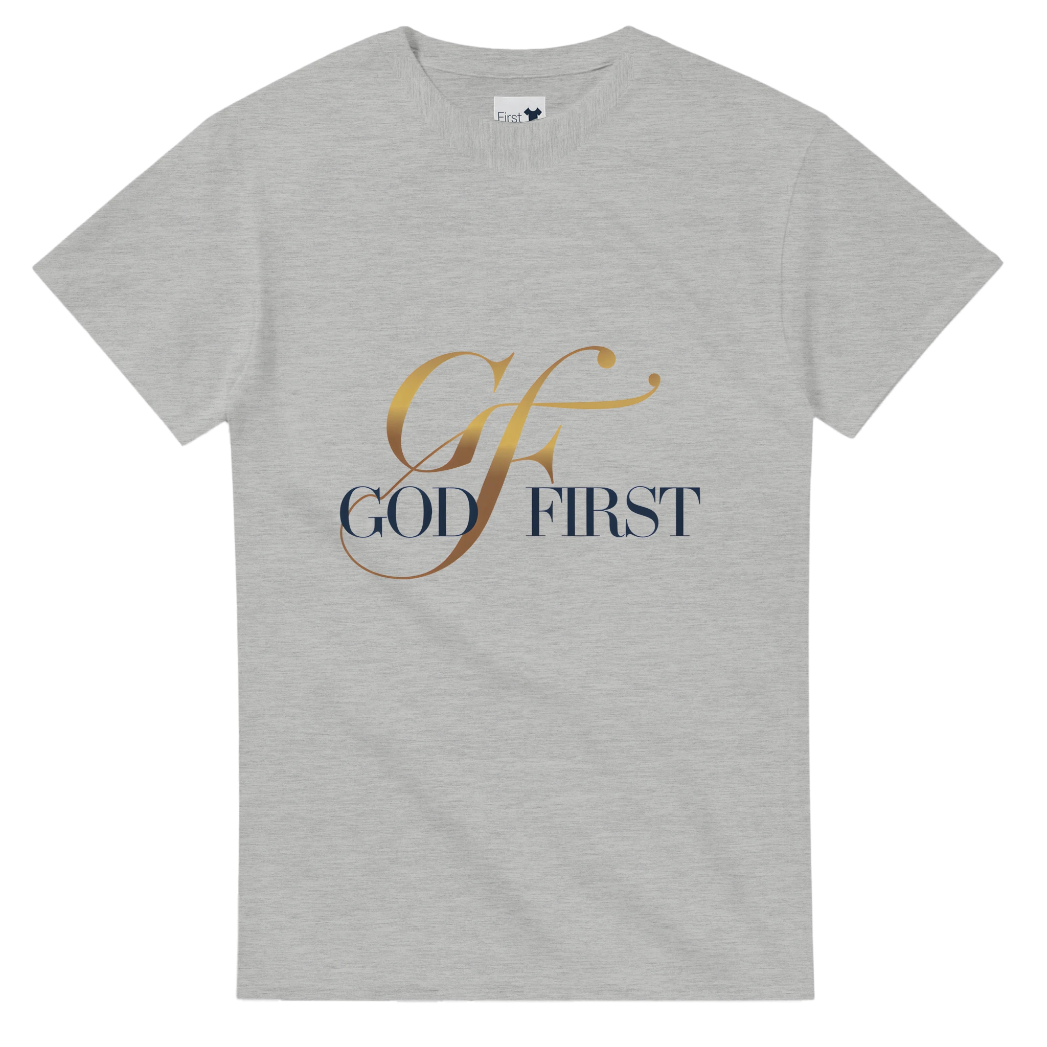 Gray t-shirt with 'G F God First' text on a white background