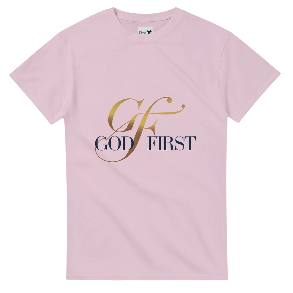Pink t-shirt with 'GOD FIRST' text on a white background