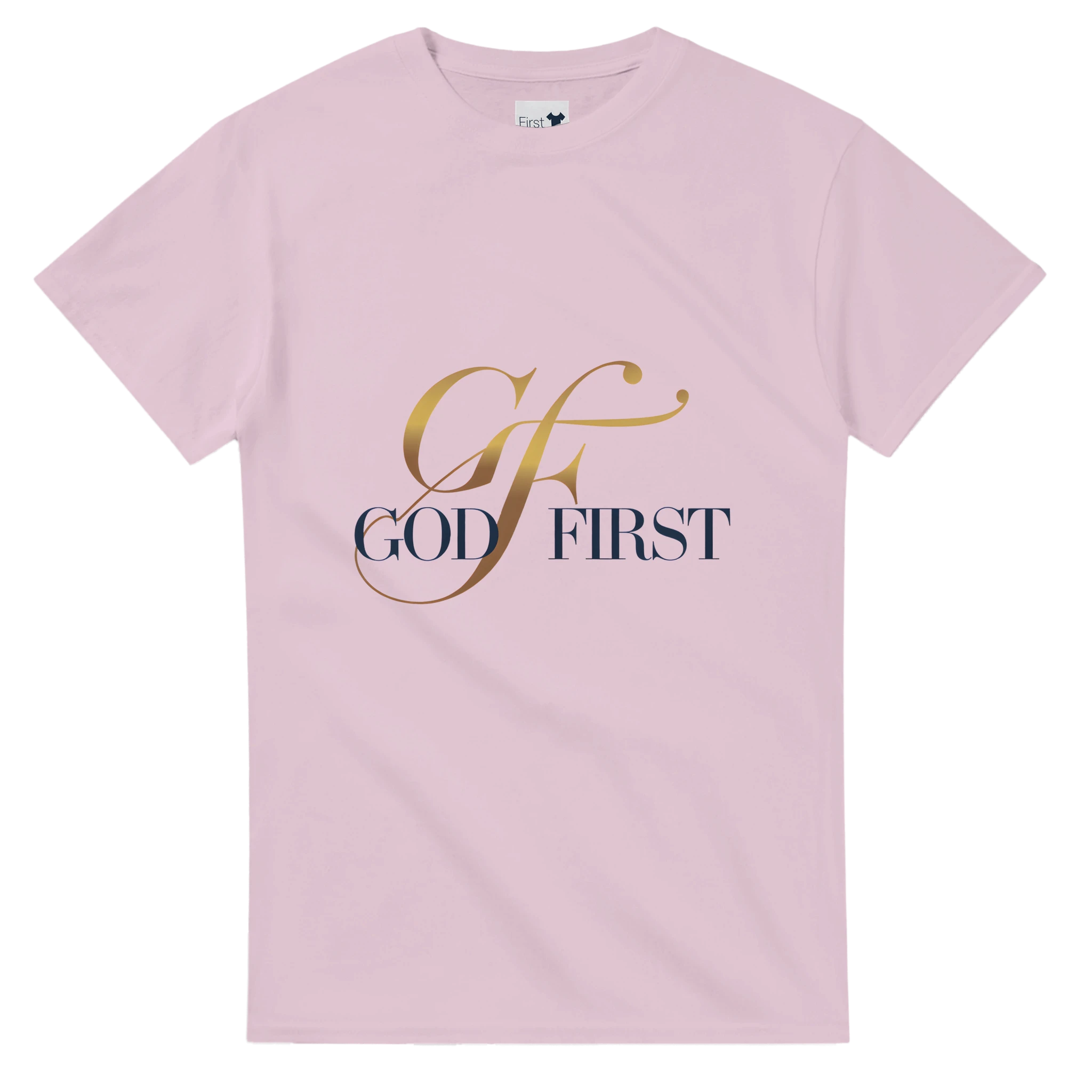 Pink t-shirt with 'GOD FIRST' text on a white background