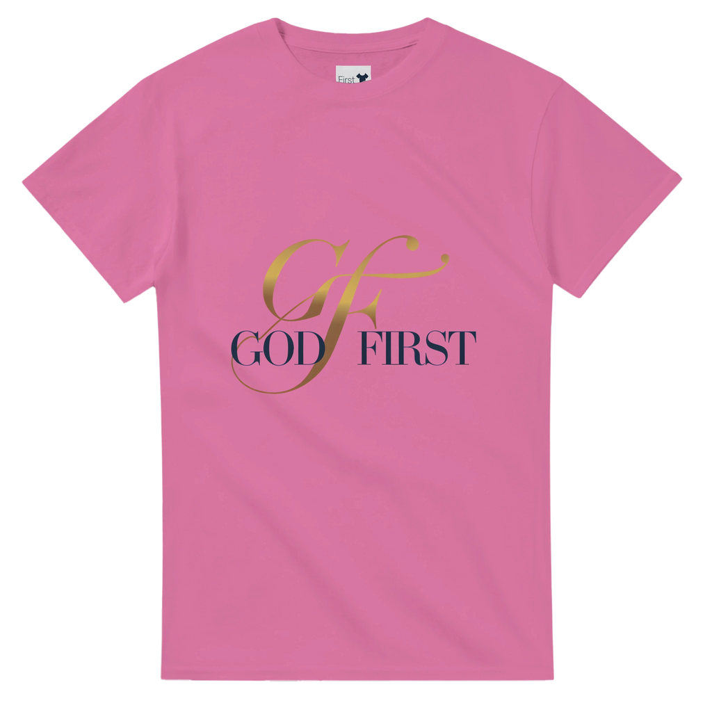 Pink t-shirt with 'GOD FIRST' text on a white background