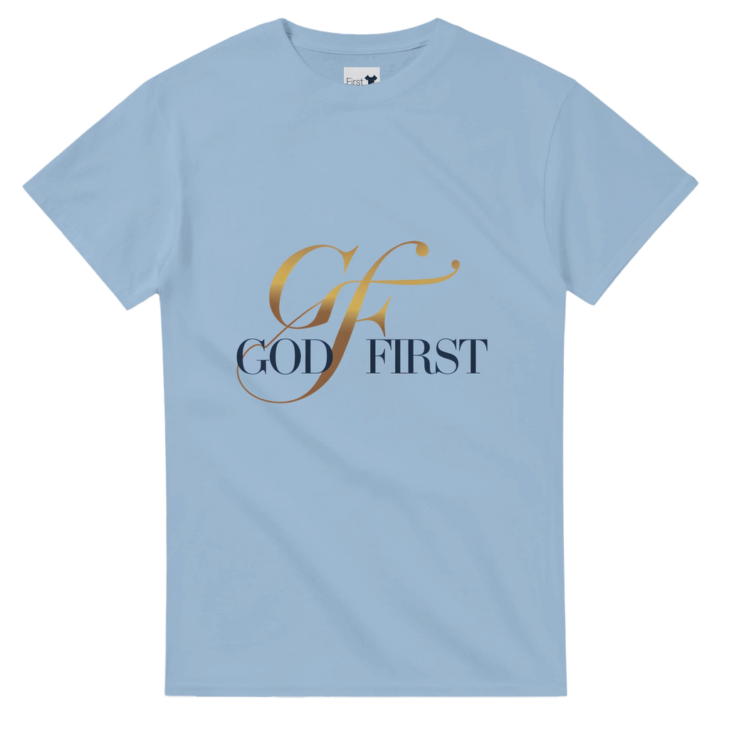 Powder blue t-shirt with 'G F God First' text on a white background