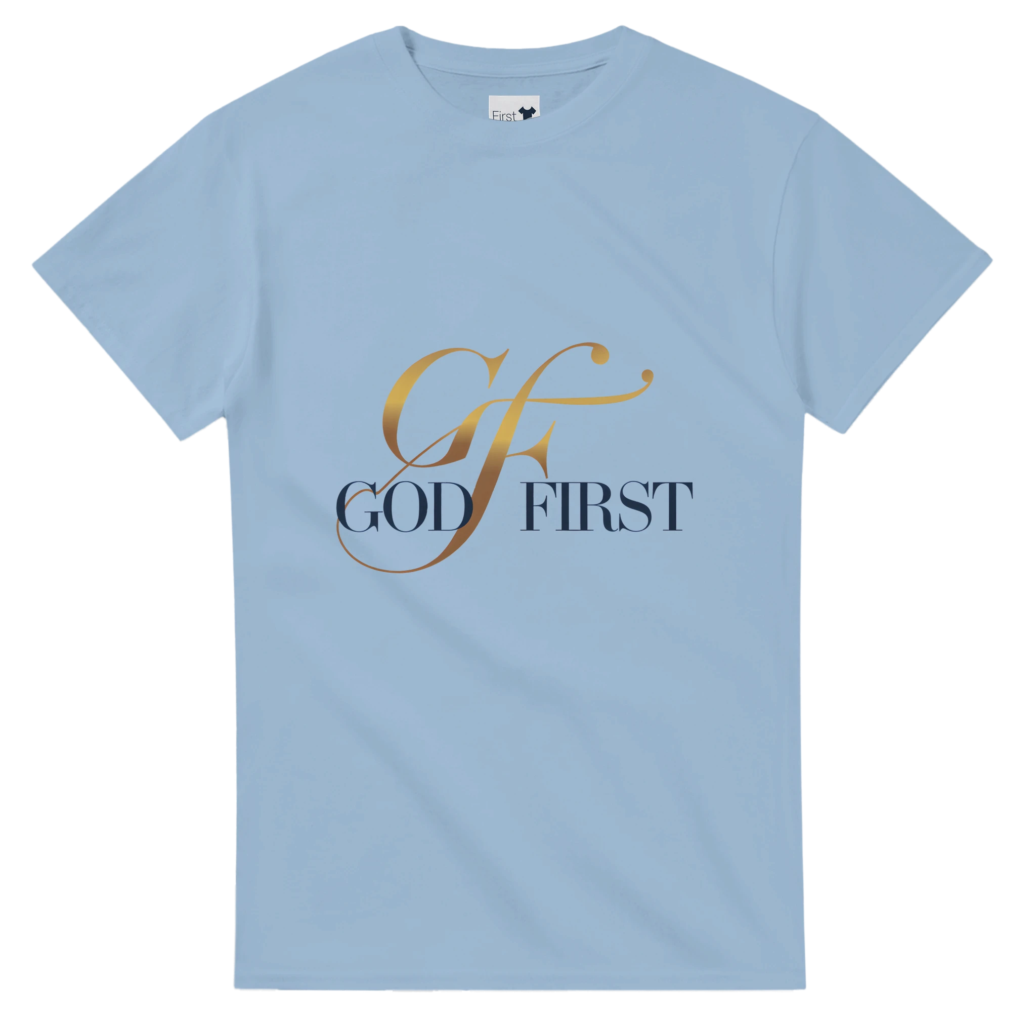 Powder blue t-shirt with 'G F God First' text on a white background