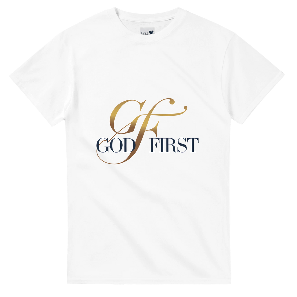 White t-shirt with 'GOD FIRST' text in gold and black on a white background