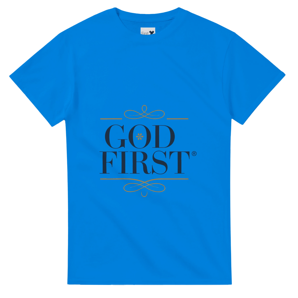 Blue t-shirt with 'GOD FIRST' text on a white background