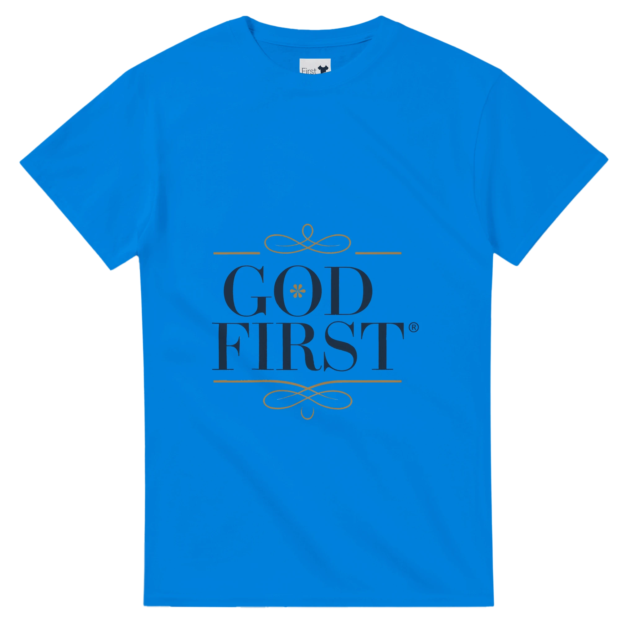 Blue t-shirt with 'GOD FIRST' text on a white background