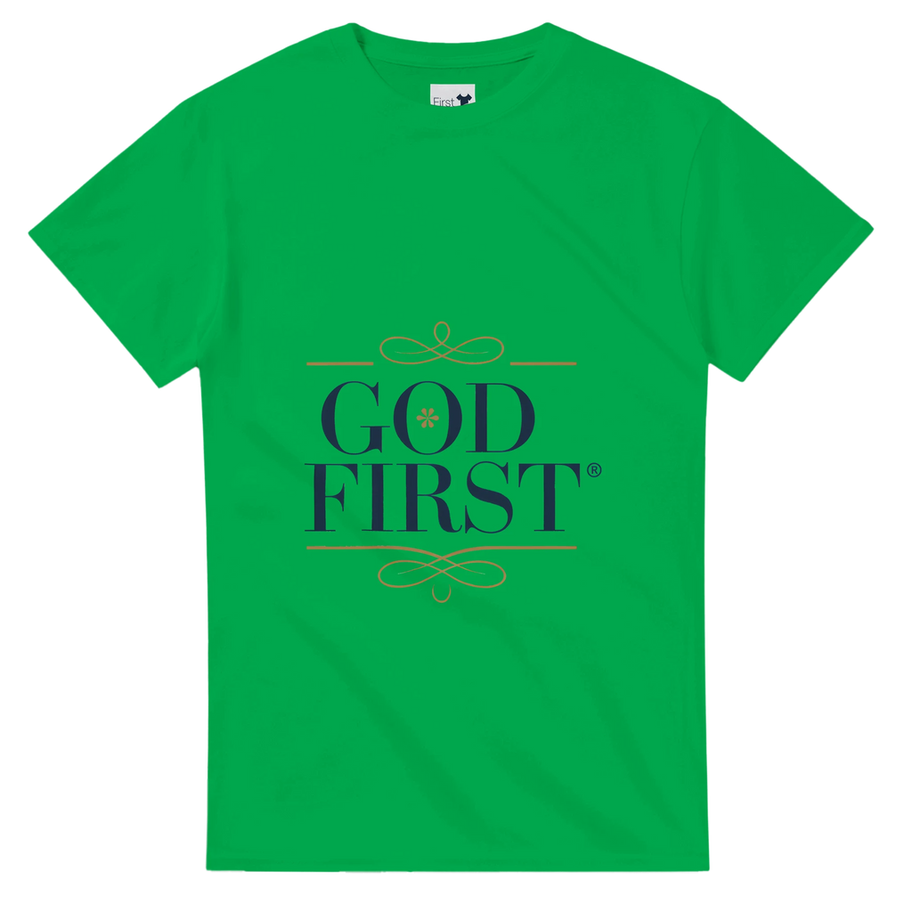 Green t-shirt with 'God First' text on a white background