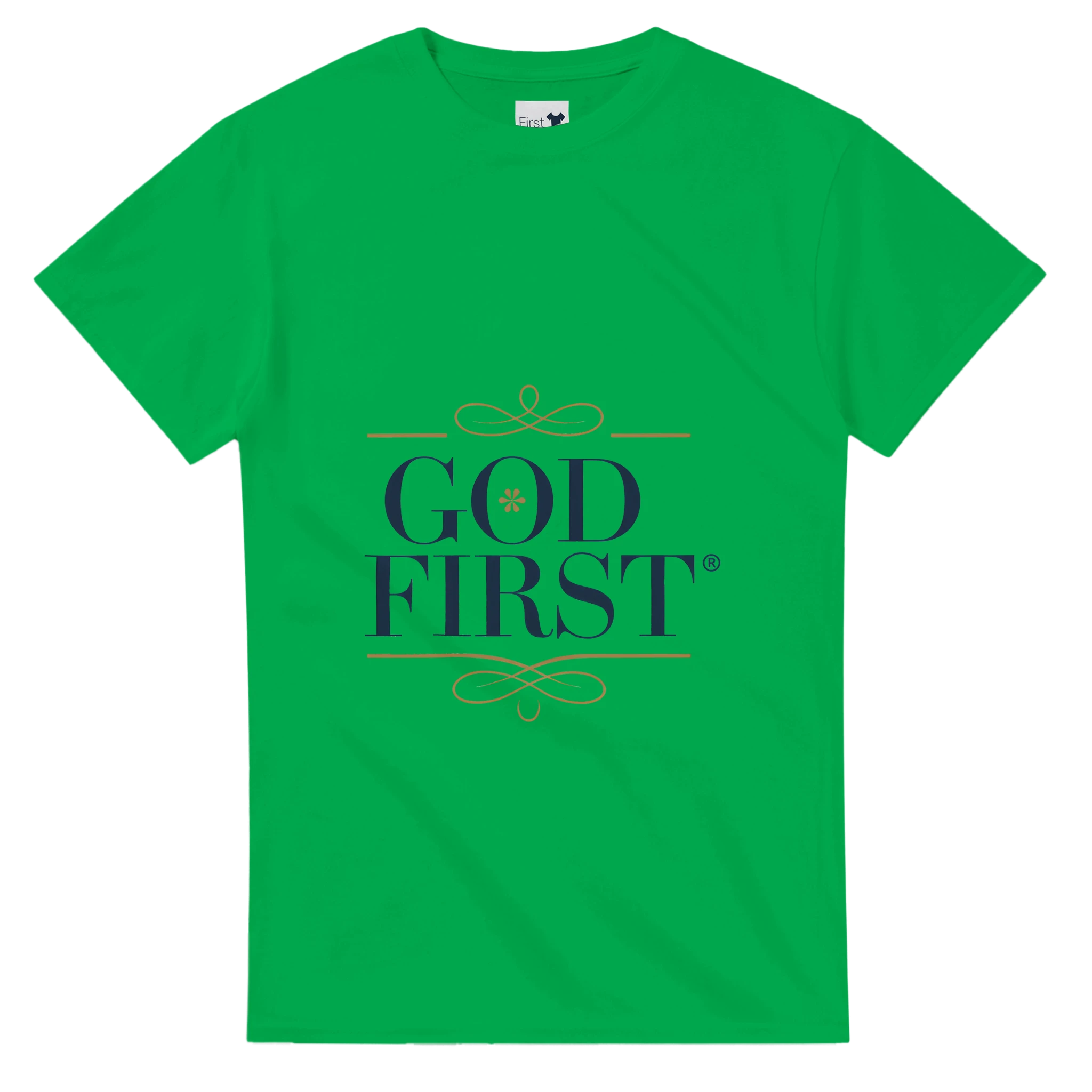 Green t-shirt with 'God First' text on a white background