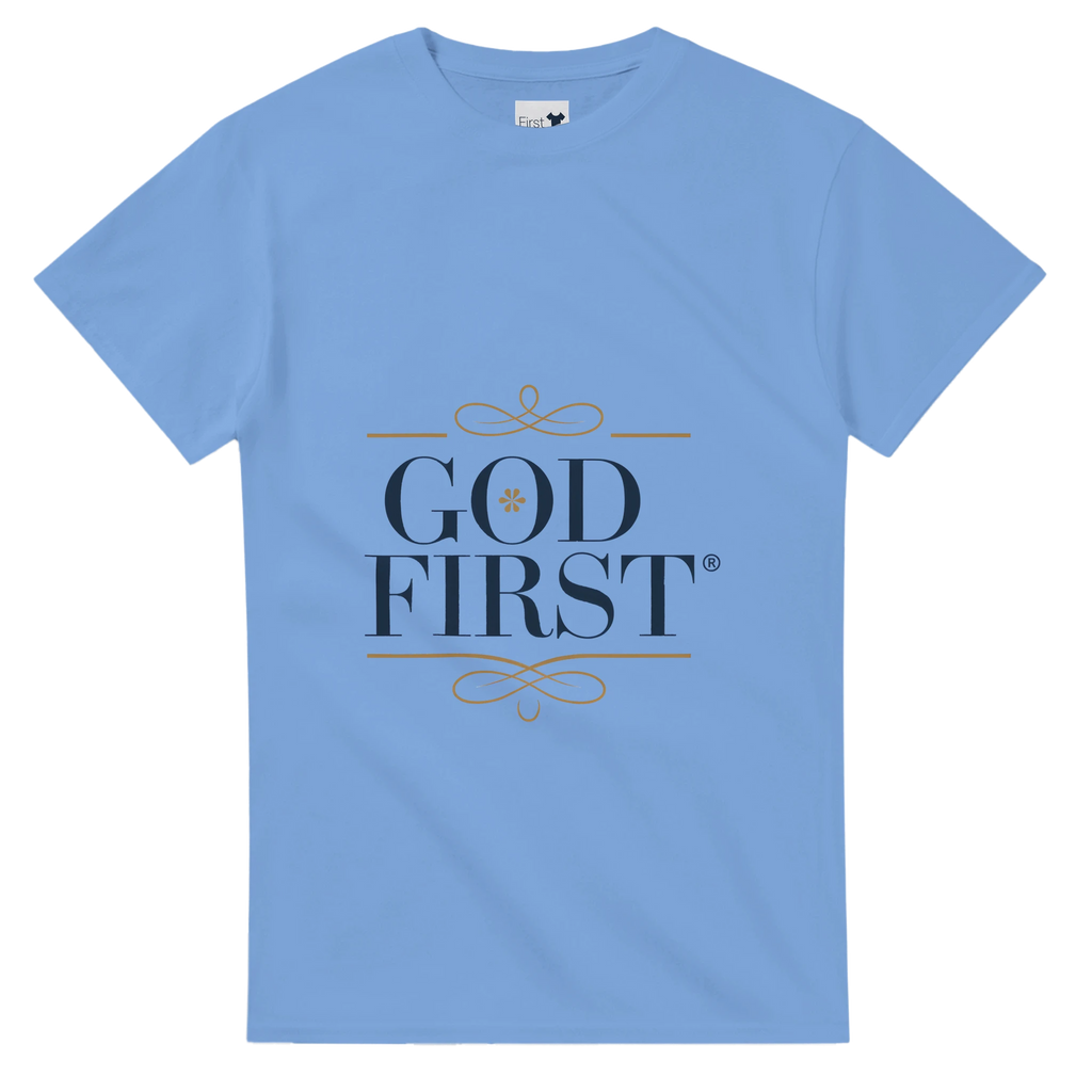 Light blue t-shirt with 'GOD FIRST' text on a white background