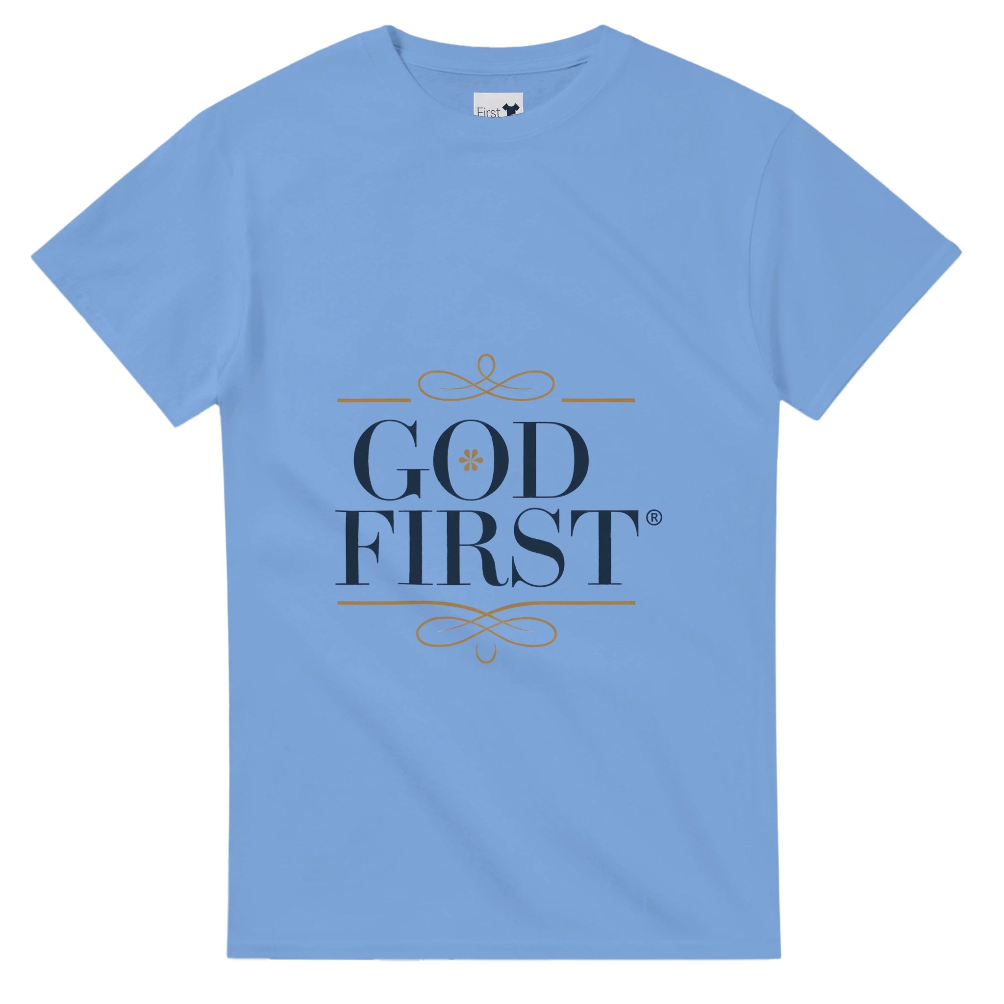 Light blue t-shirt with 'GOD FIRST' text on a white background