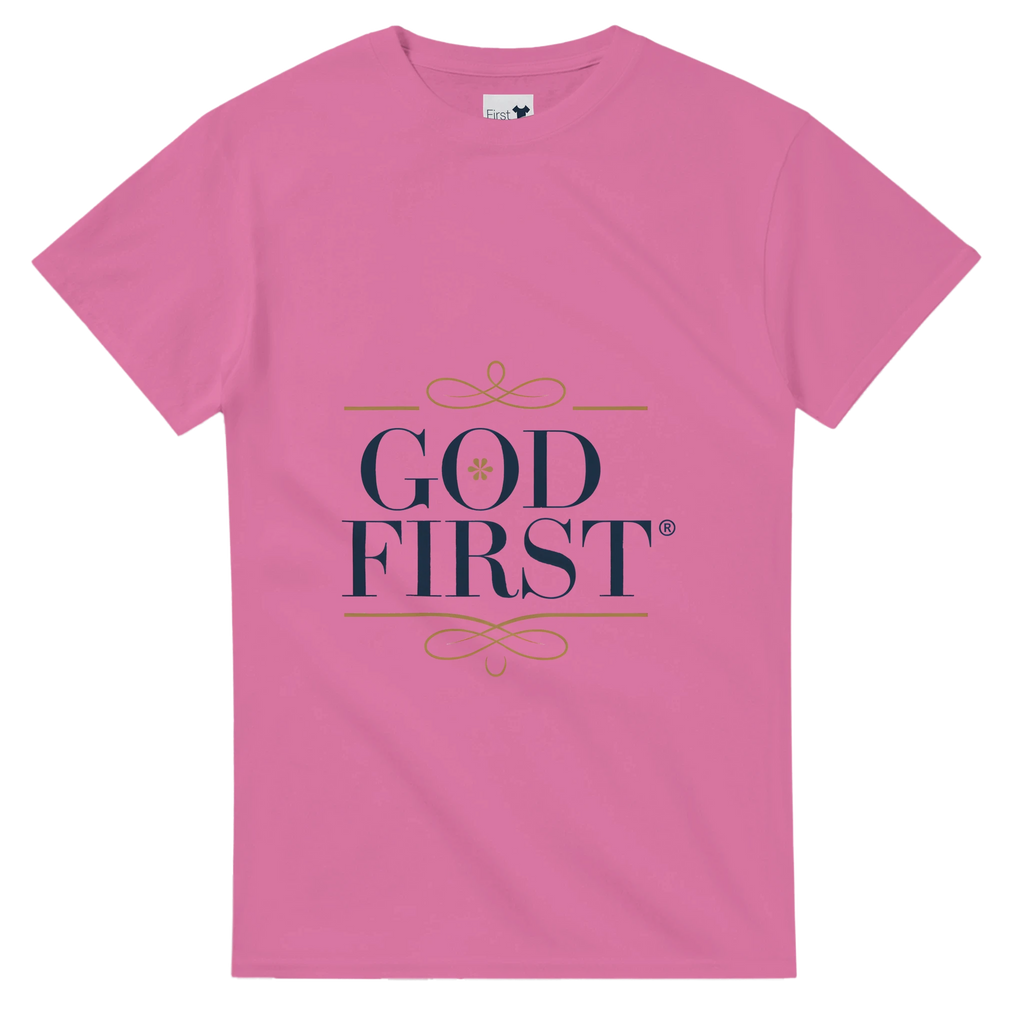 Pink t-shirt with 'GOD FIRST' text on a white background