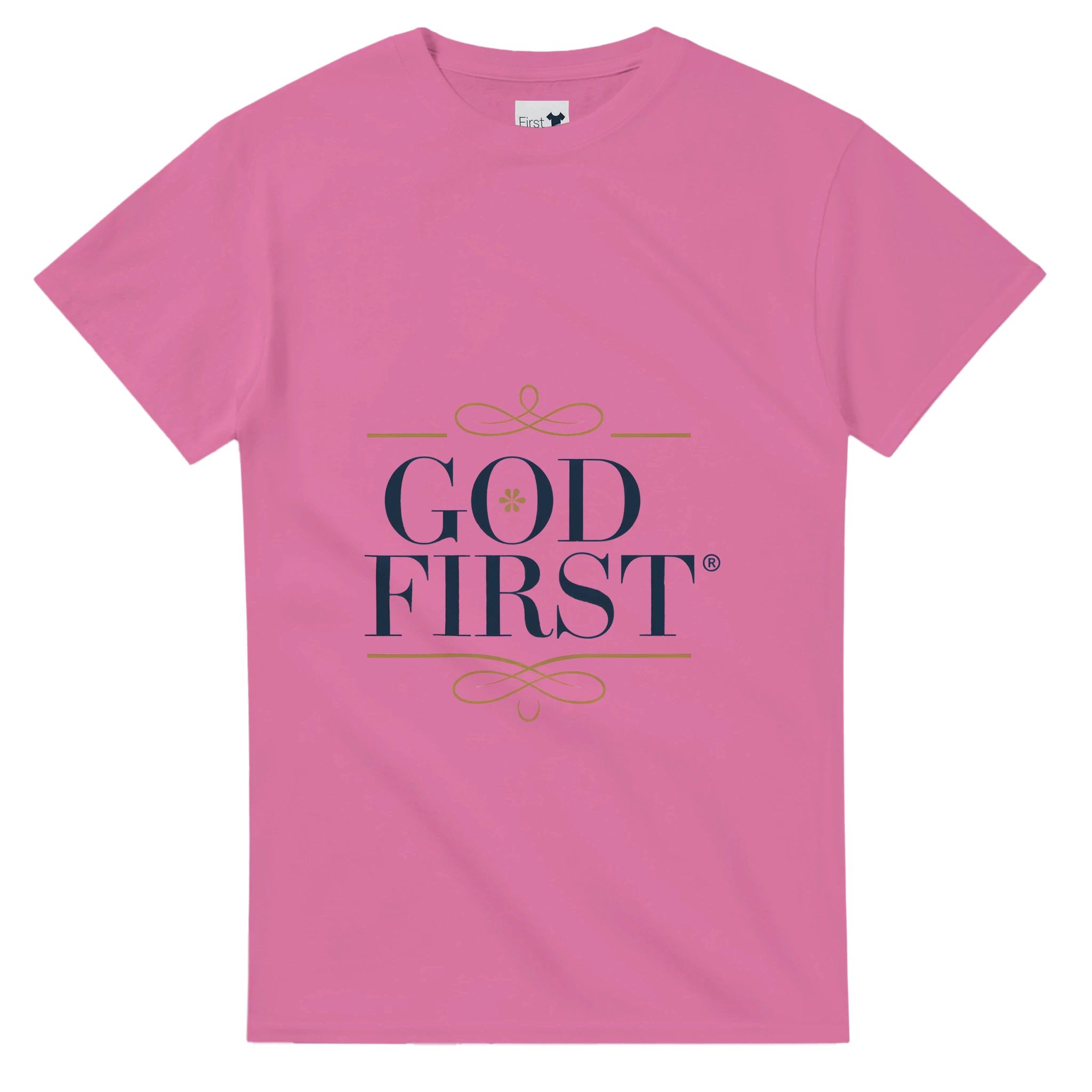 Pink t-shirt with 'GOD FIRST' text on a white background