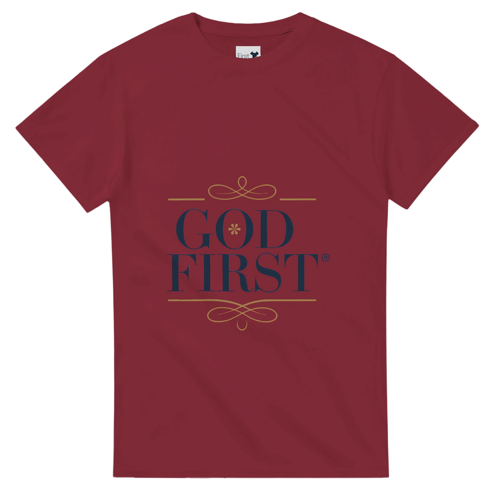 Maroon t-shirt with 'GOD FIRST' text on a white background