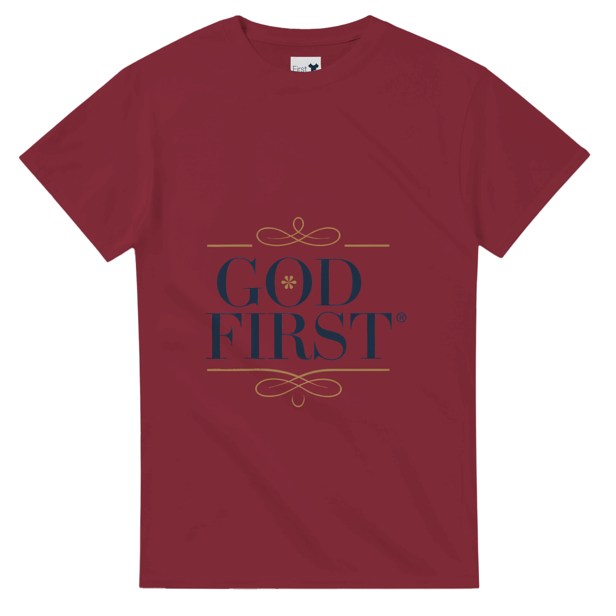 Maroon t-shirt with 'GOD FIRST' text on a white background