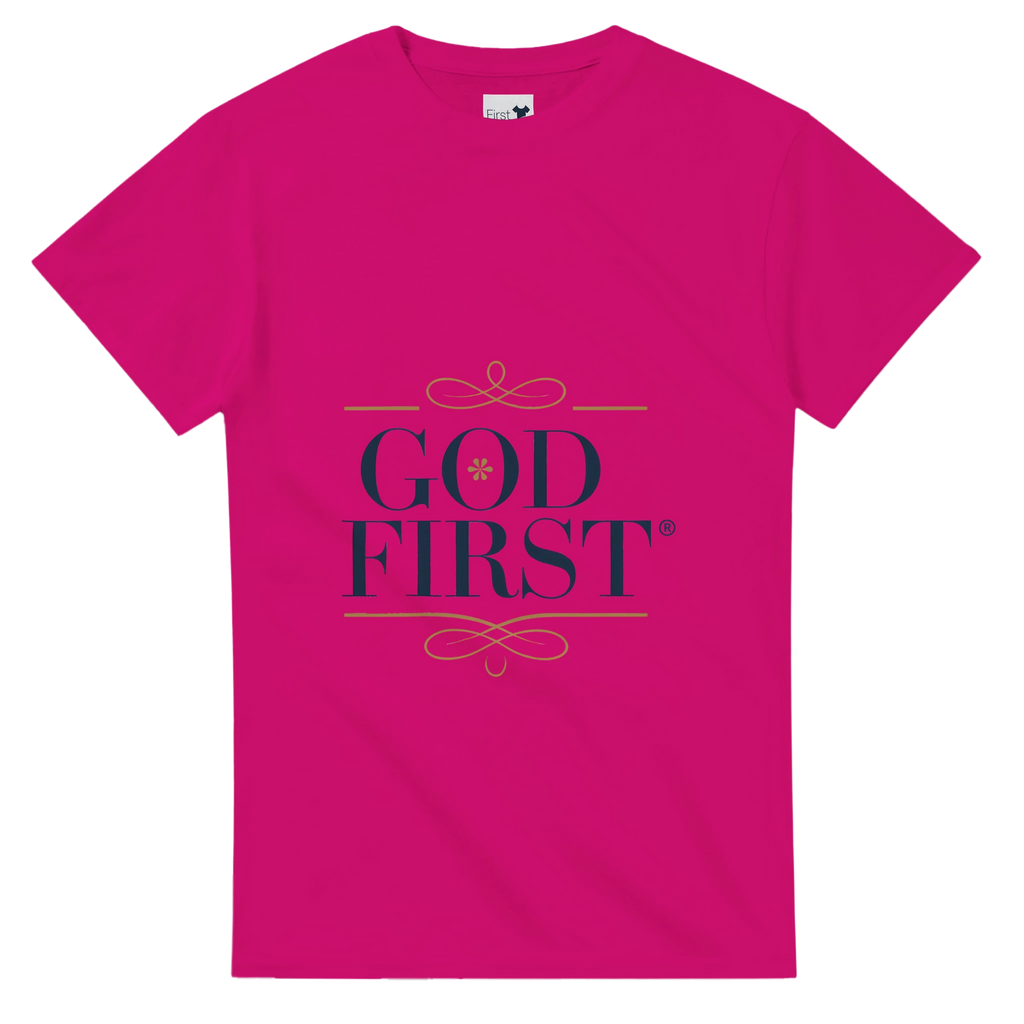 Pink t-shirt with 'GOD FIRST' text on a white background