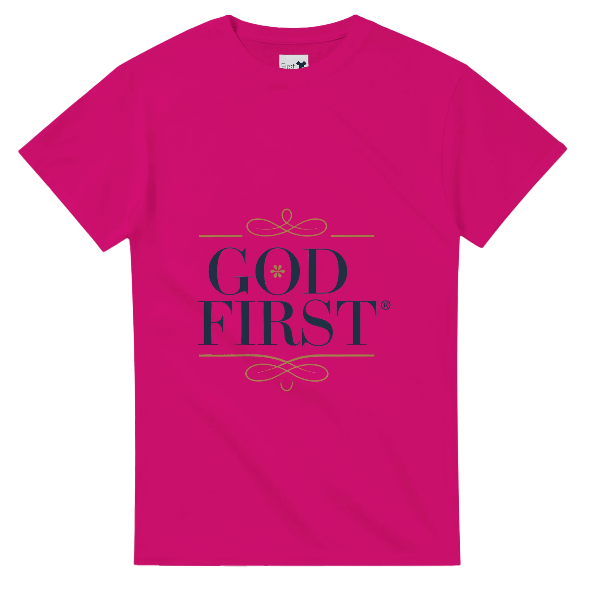 Pink t-shirt with 'GOD FIRST' text on a white background