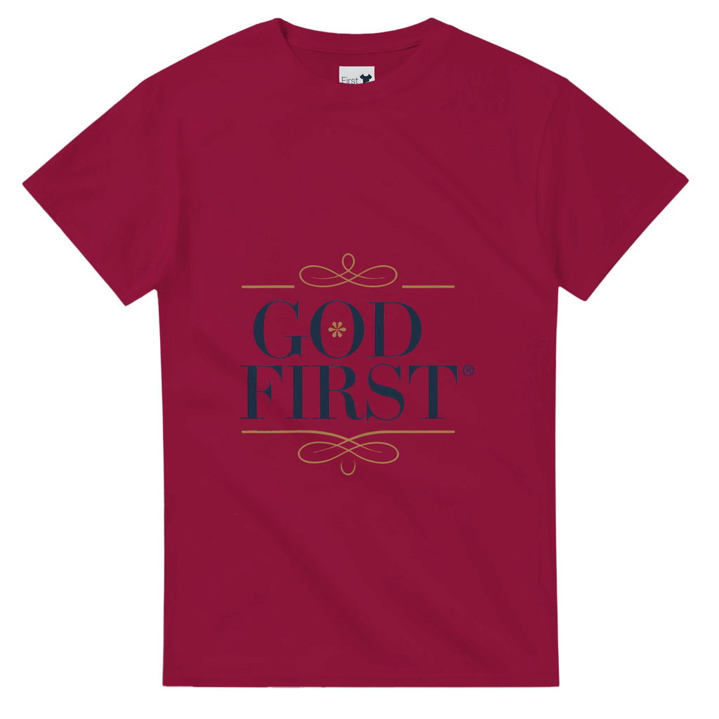 Red t-shirt with 'GOD FIRST' text on a white background