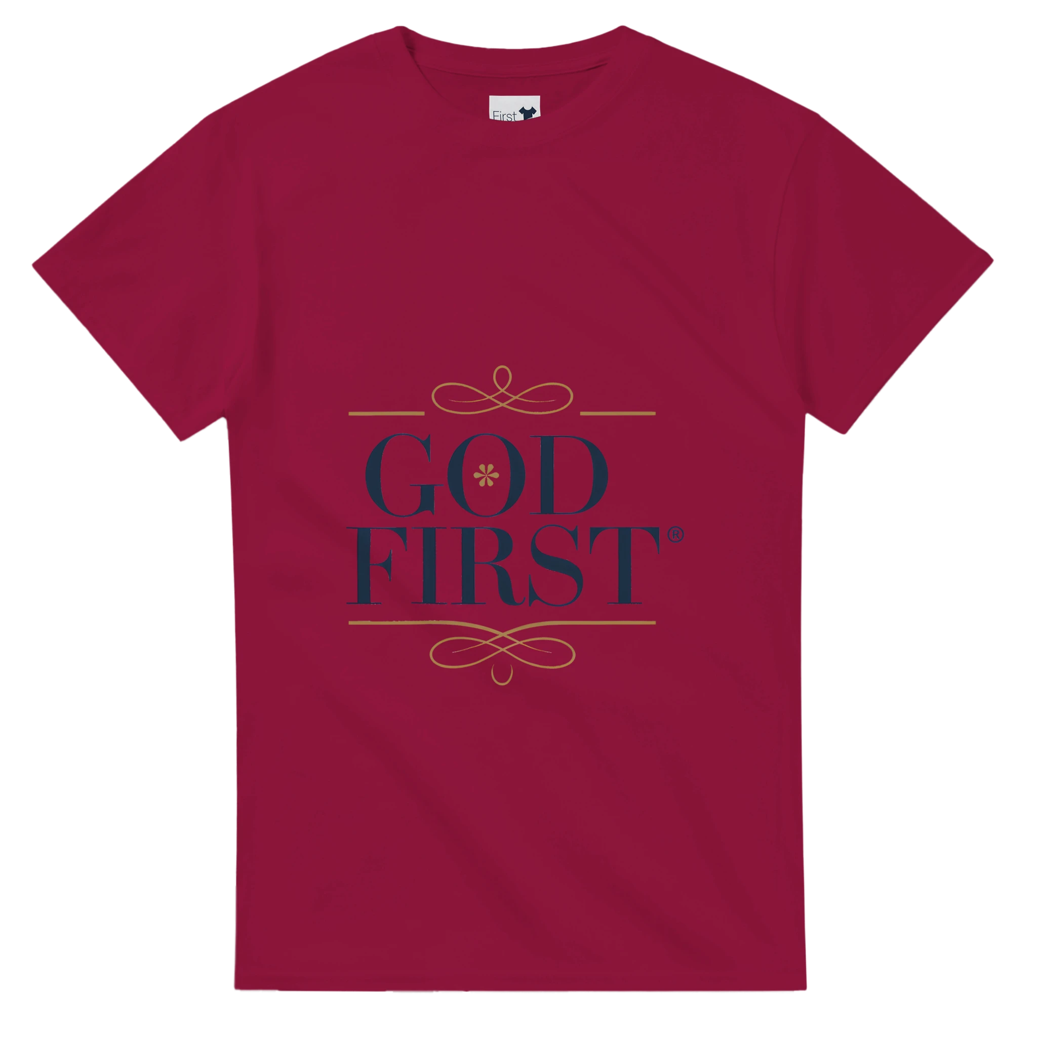 Red t-shirt with 'GOD FIRST' text on a white background