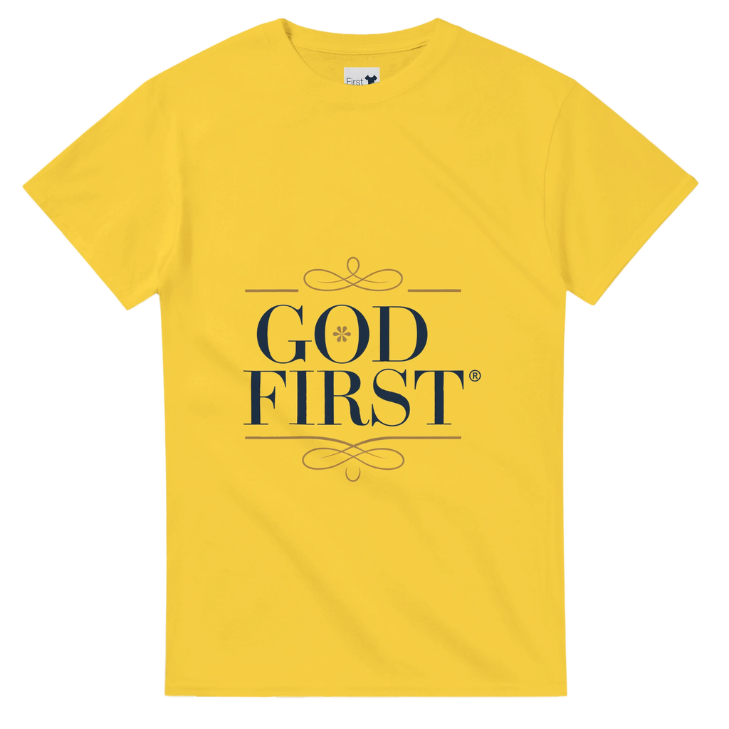 Yellow t-shirt with 'GOD FIRST' text on a white background