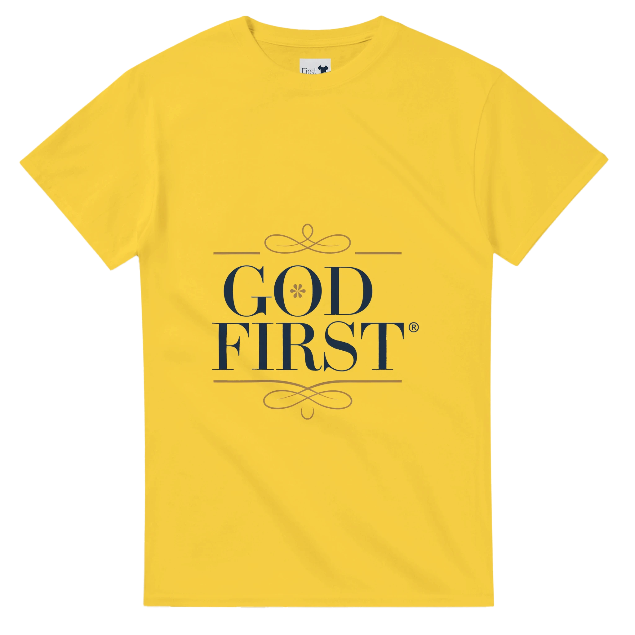 Yellow t-shirt with 'GOD FIRST' text on a white background