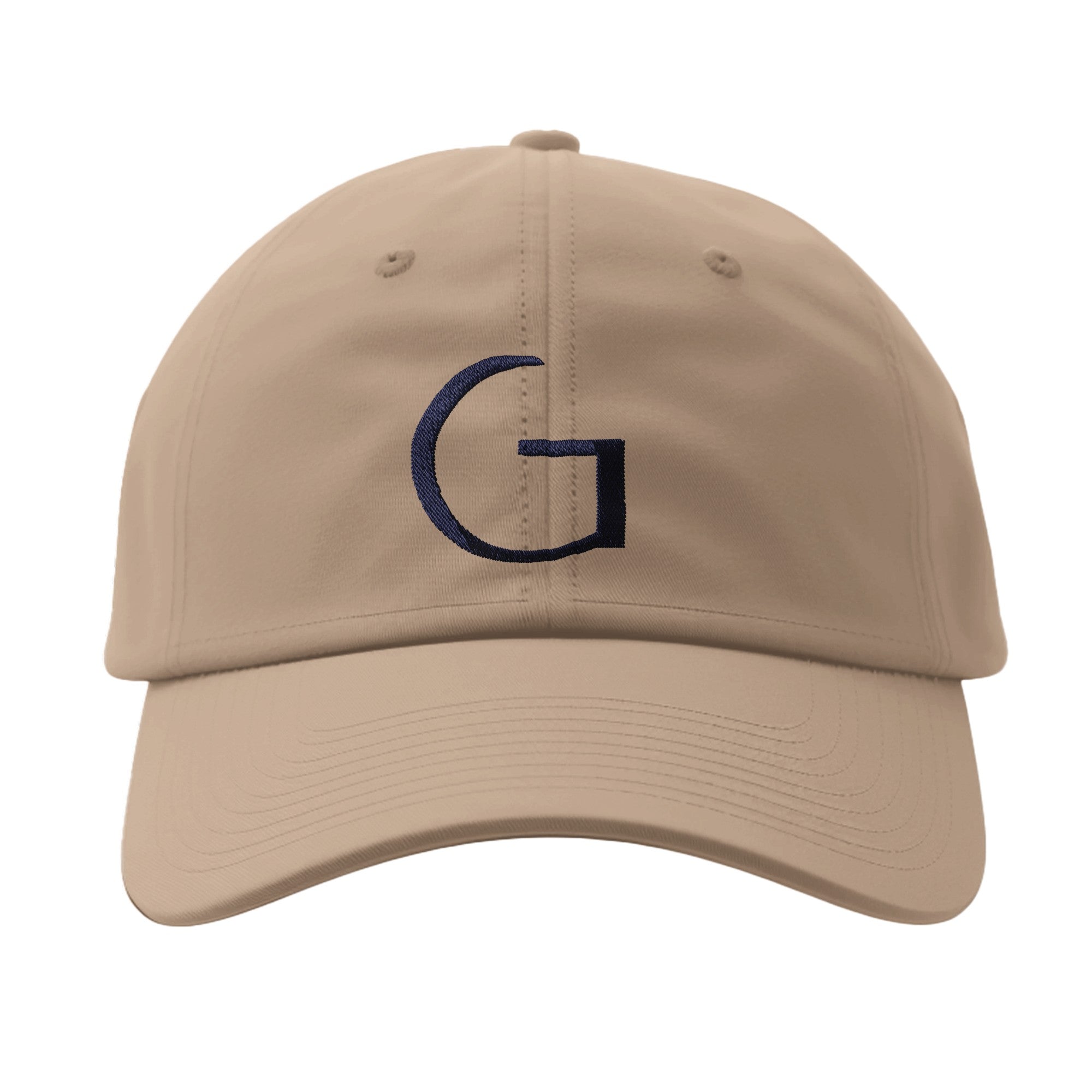 Beige cap with a navy blue 'G' logo on a white background