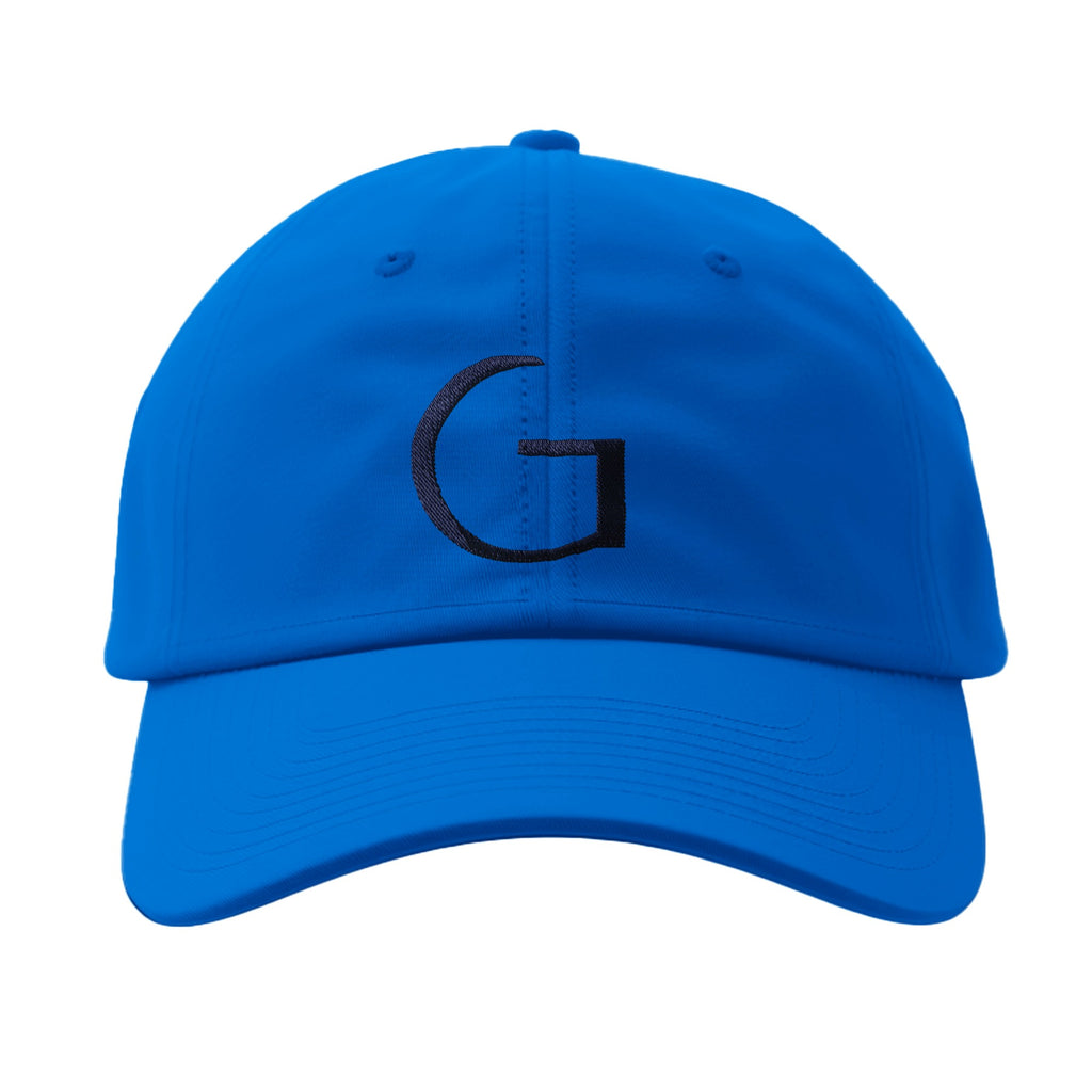Blue cap with a black letter 'G' on a white background