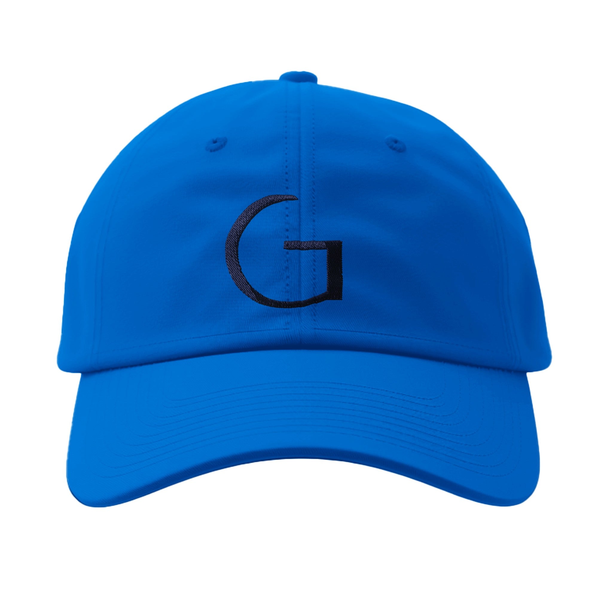 Blue cap with a black letter 'G' on a white background
