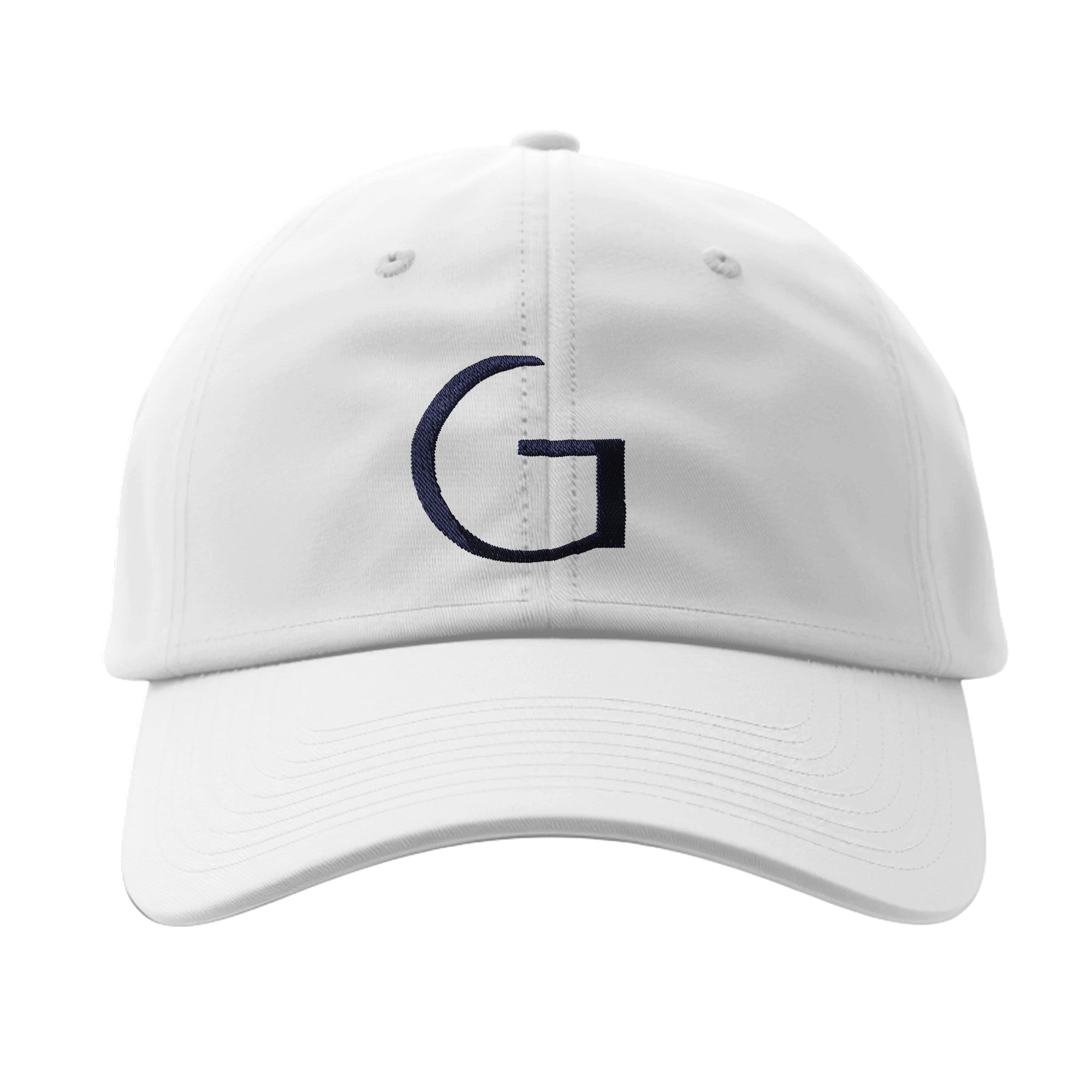 White cap with a black letter 'G' on a white background