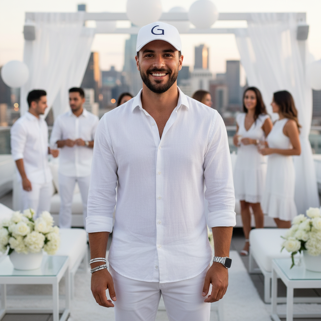 Man in white outfit with a cap on a rooftop event with city skyline in the background