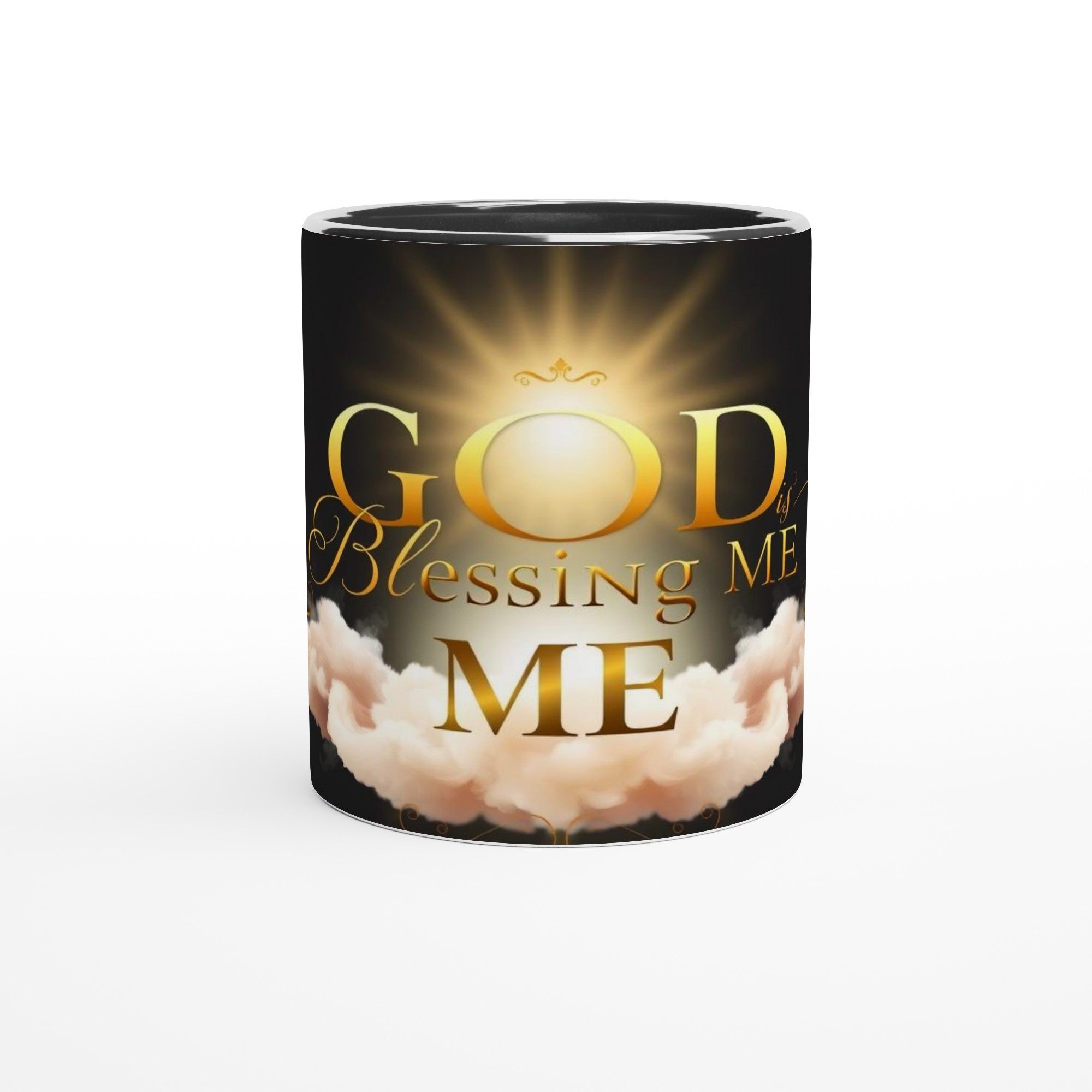 Mug with 'God Blessing Me' text on a black background