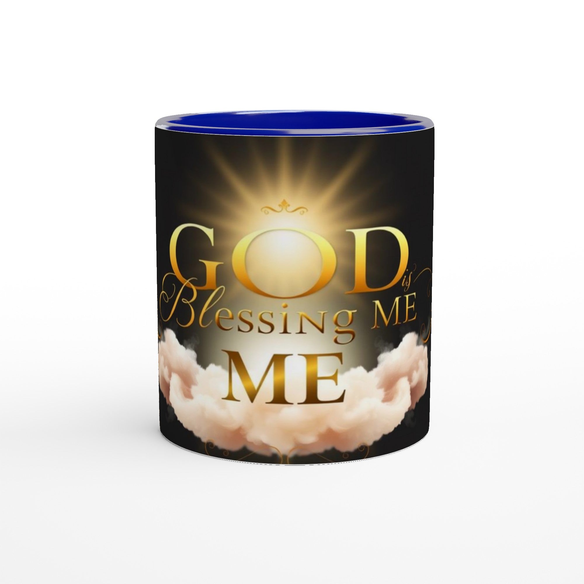 Mug with 'God Blessing Me' text and cloud design on a white background