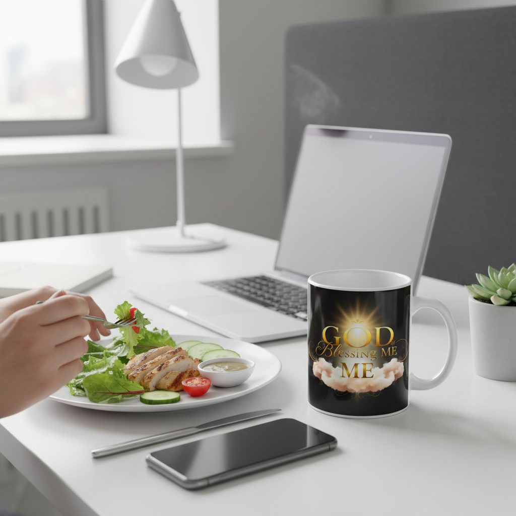 Person eating salad at a desk with a mug featuring 'God is blessing me' text.