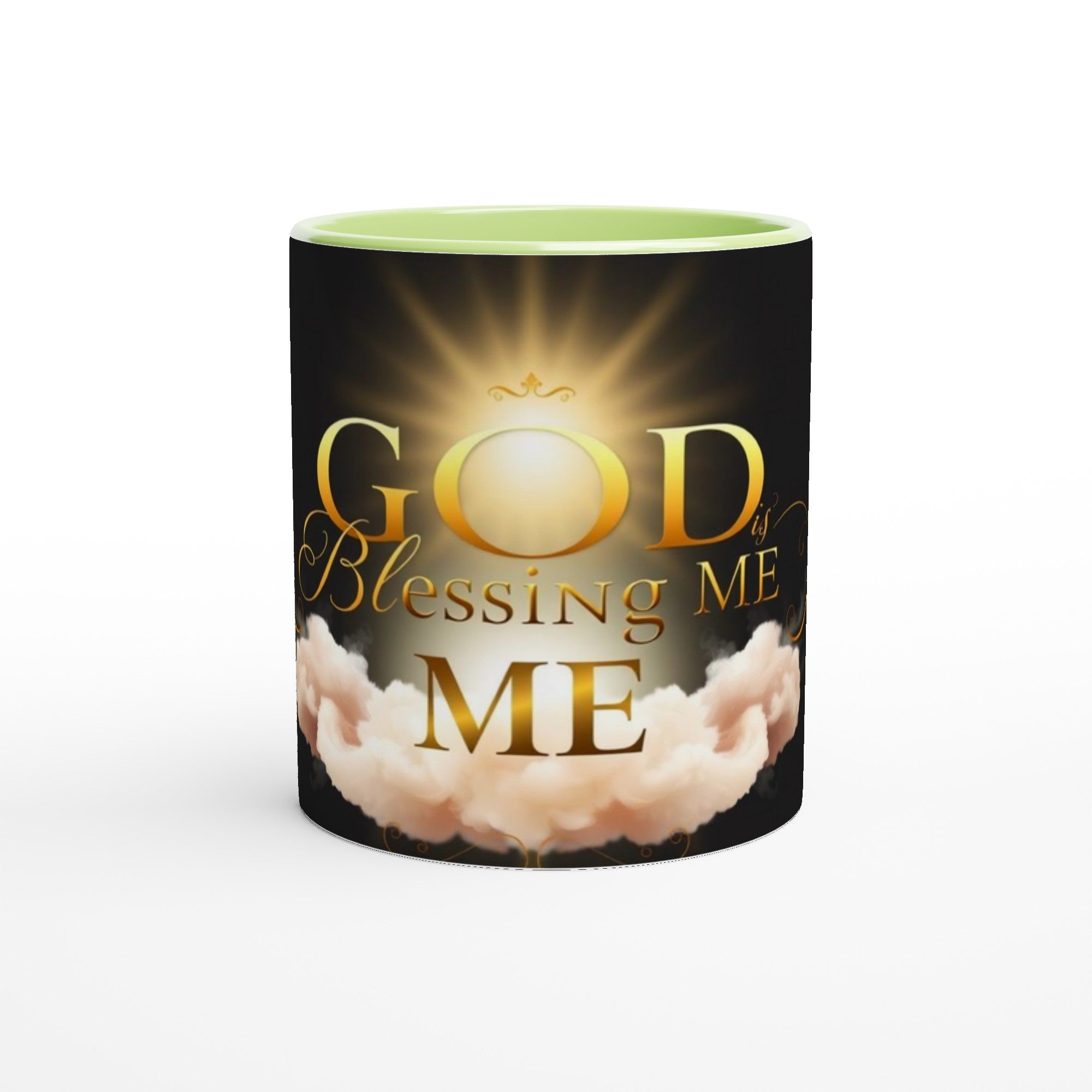 Mug with 'God Blessing Me' text and cloud design on a white background