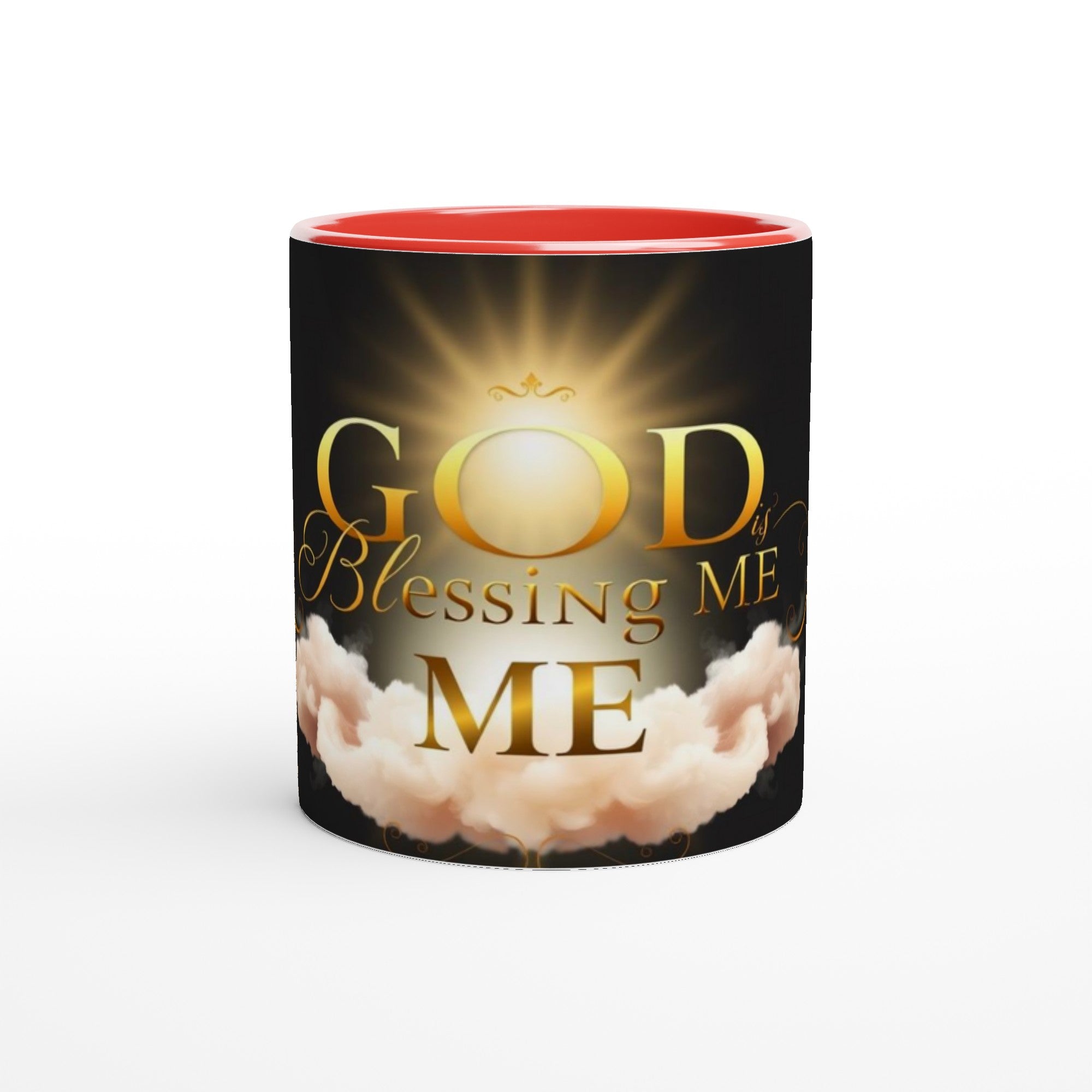 Mug with 'God Blessing Me' text and cloud design on a white background