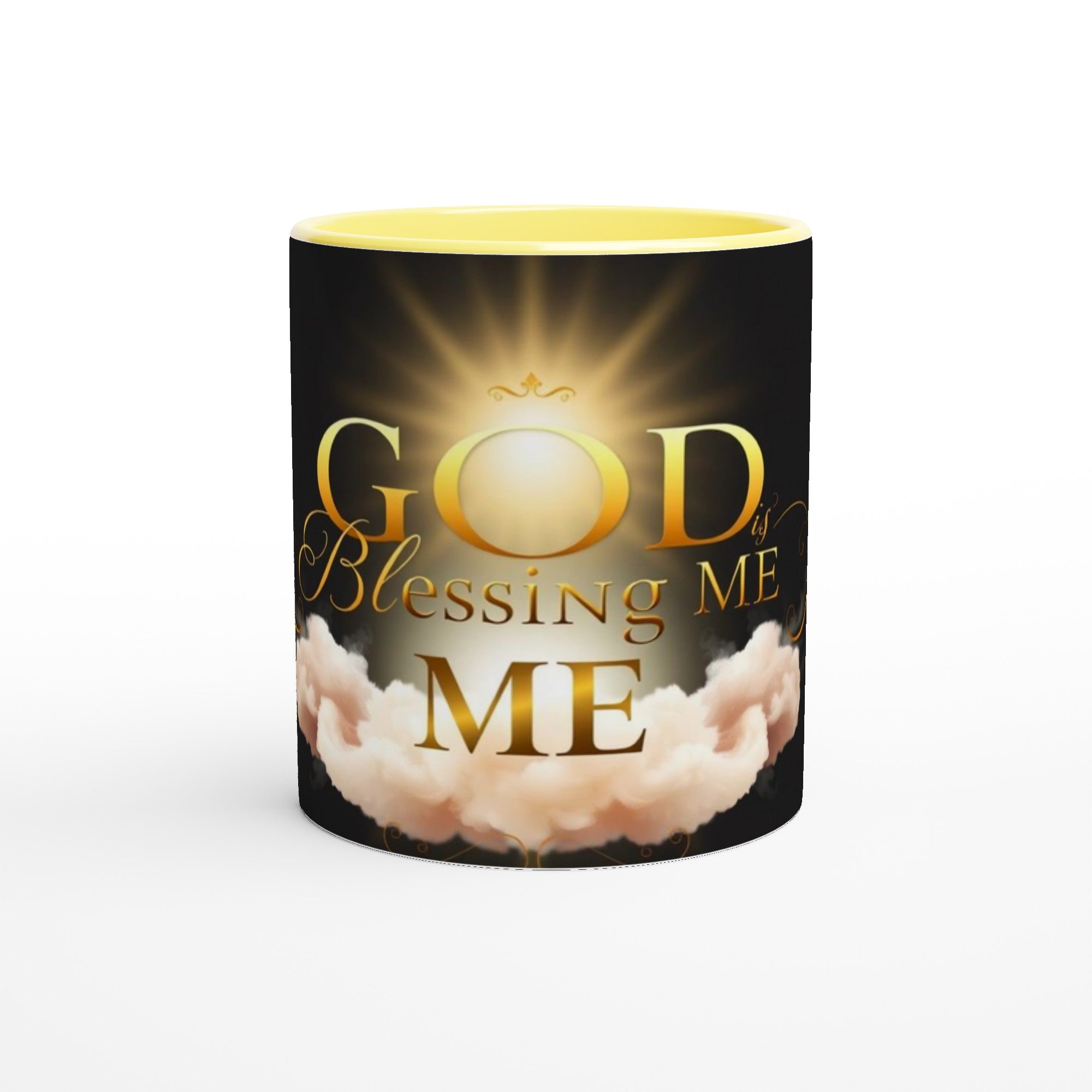 Mug with 'God Blessing Me' text and cloud design on a white background